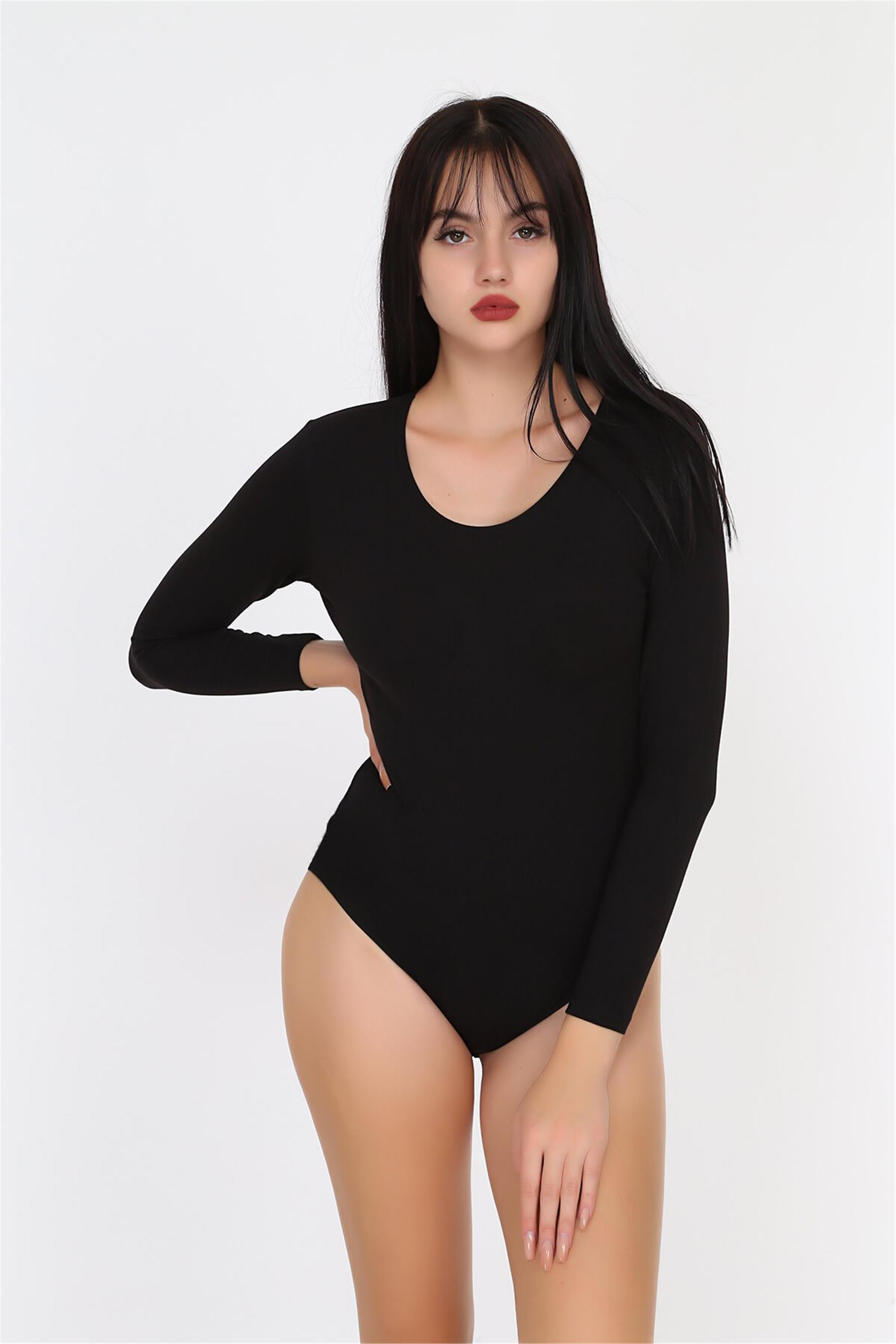 Kadın Siyah Penye Modal Açık Yaka Uzun Kol Çıtçıtlı Body