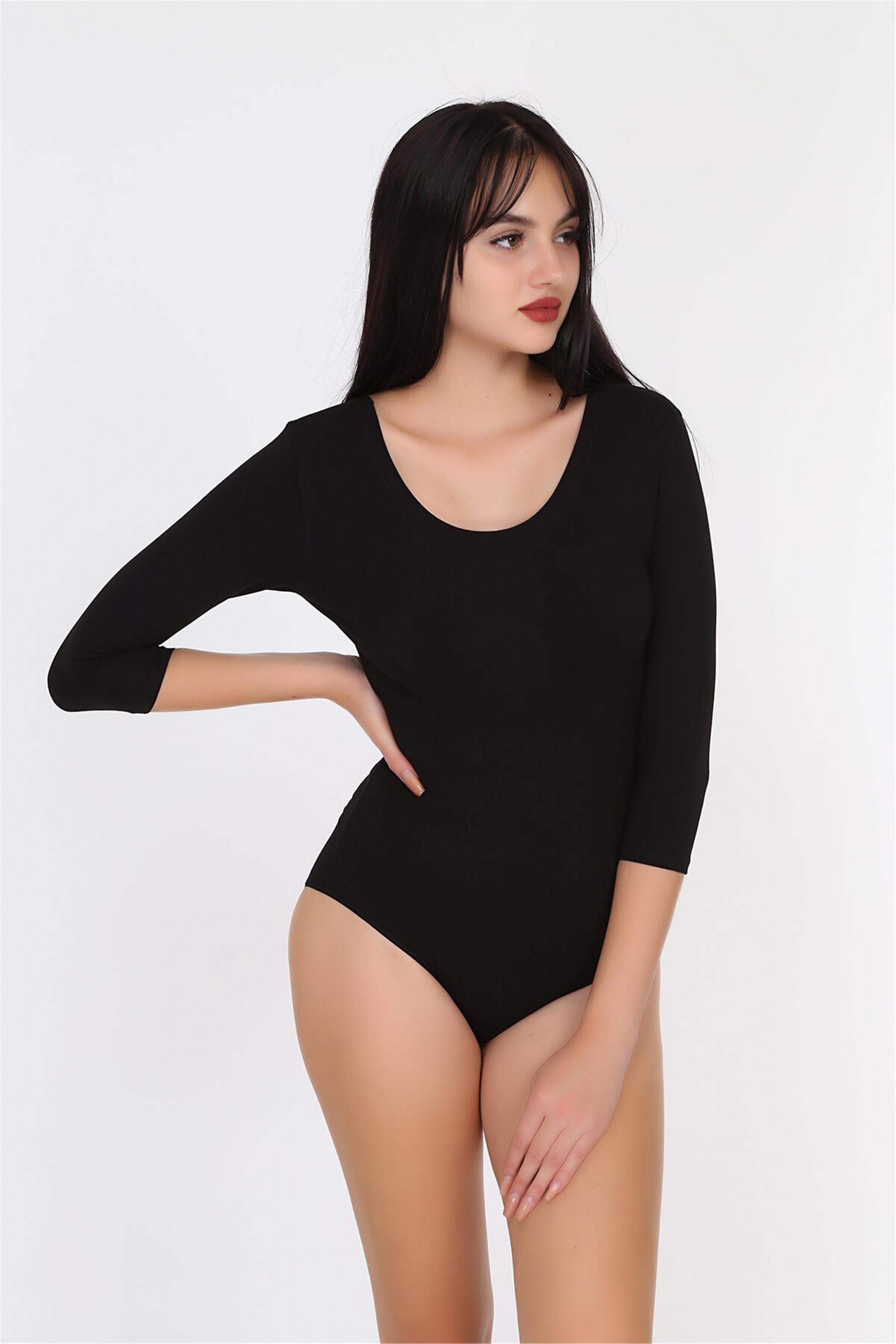 Kadın Siyah Penye Modal Geniş Yaka Uzun Kol Çıtçıtlı Body