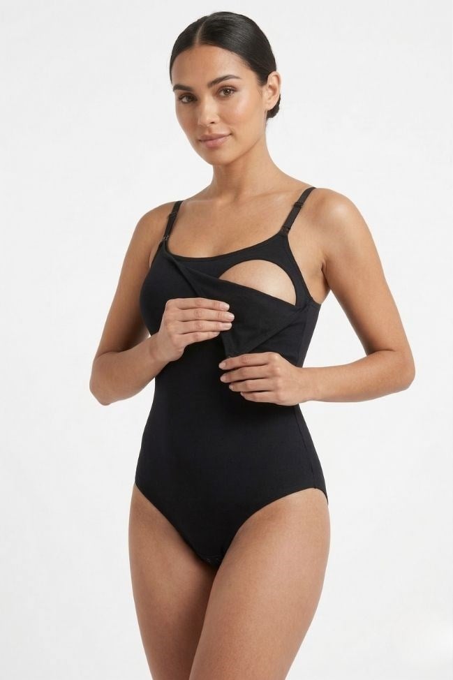 Kadın Siyah Penye Modal İp Askılı Emzirme Çıtçıtlı Body