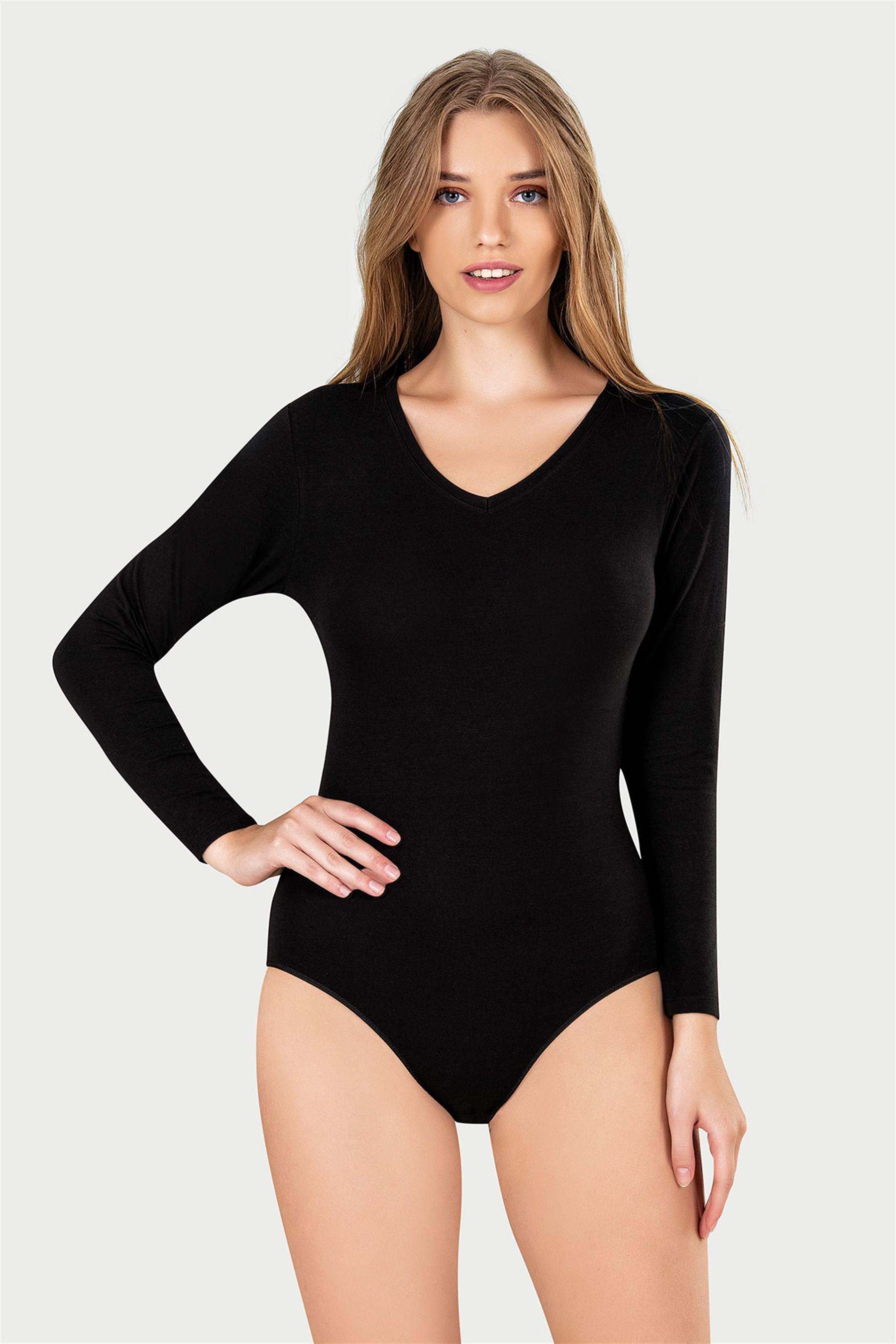 Kadın Siyah Penye Modal V Yaka Uzun Kol Çıtçıtlı Body