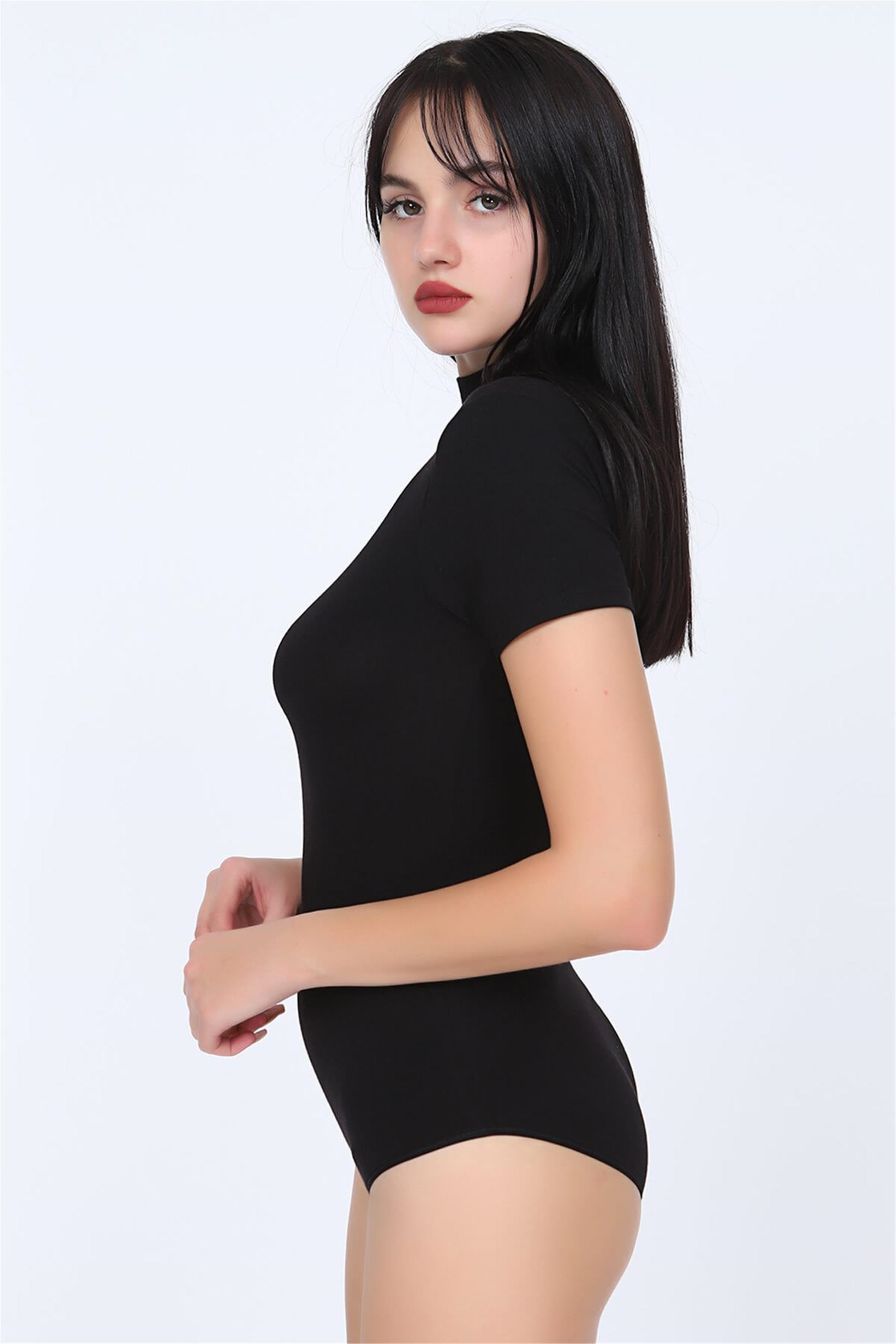 Kadın Siyah Penye Yarım Kol Çıtçıtlı Body