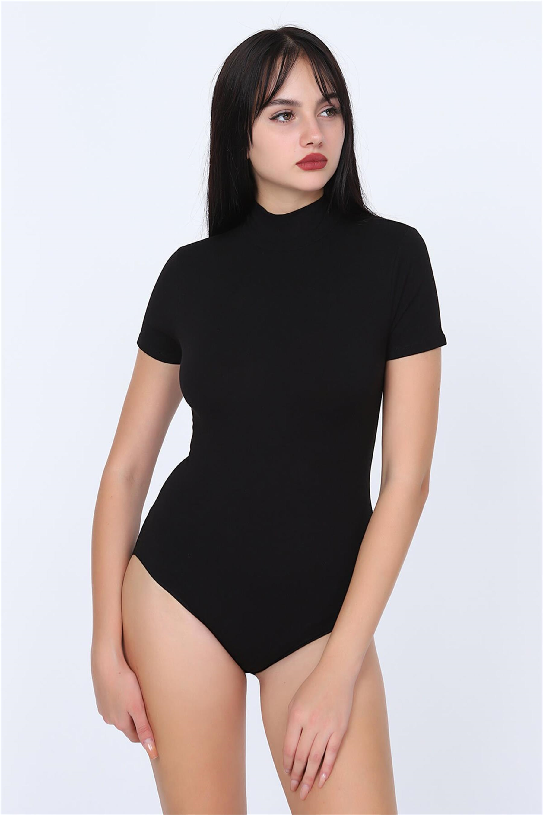 Kadın Siyah Penye Yarım Kol Çıtçıtlı Body