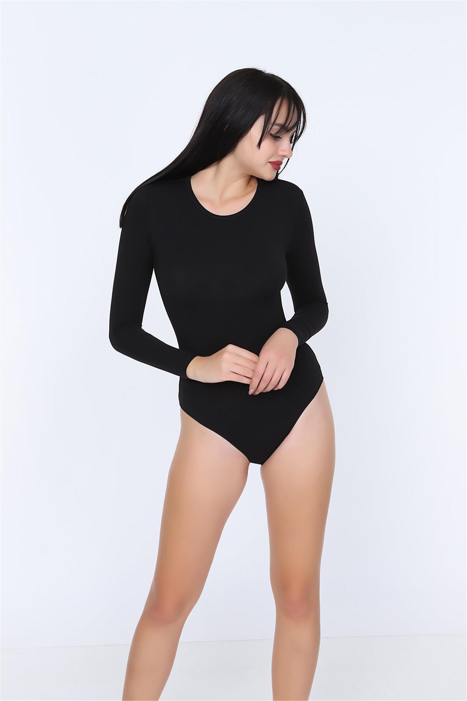 Kadın Siyah Sıfır Yaka Penye Uzun Kol Body