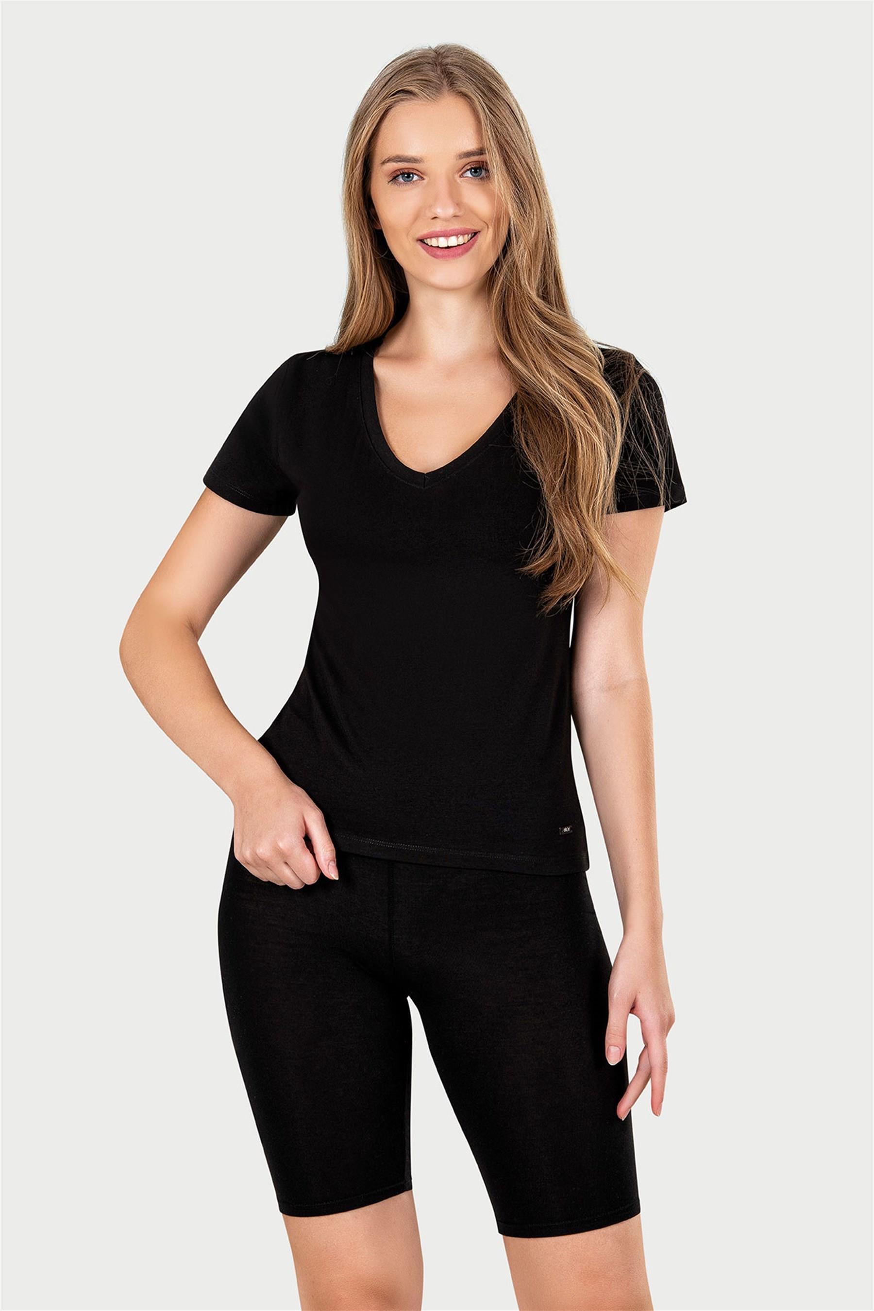 Kadın Siyah V Yaka T-shirt