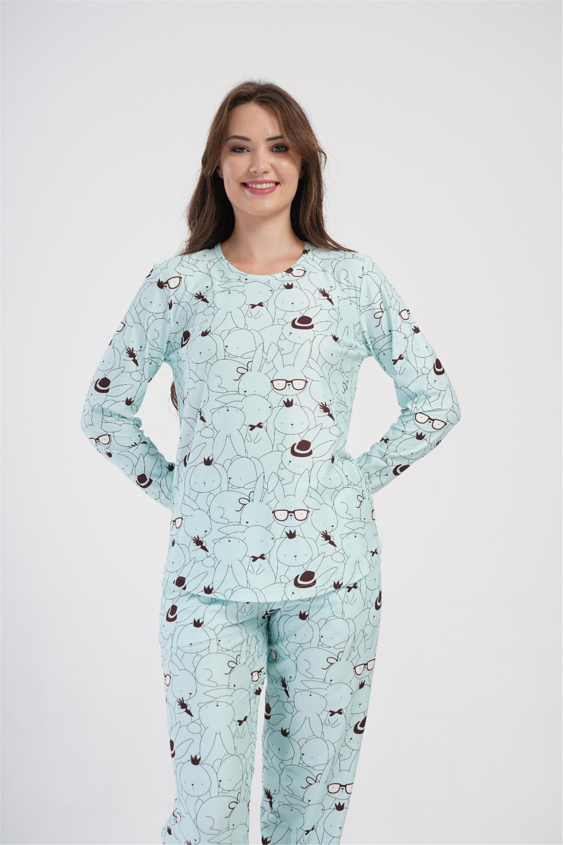 Kadın Su Yeşili O Yaka Uzun Kol Eteği Oval Pijama Üstü