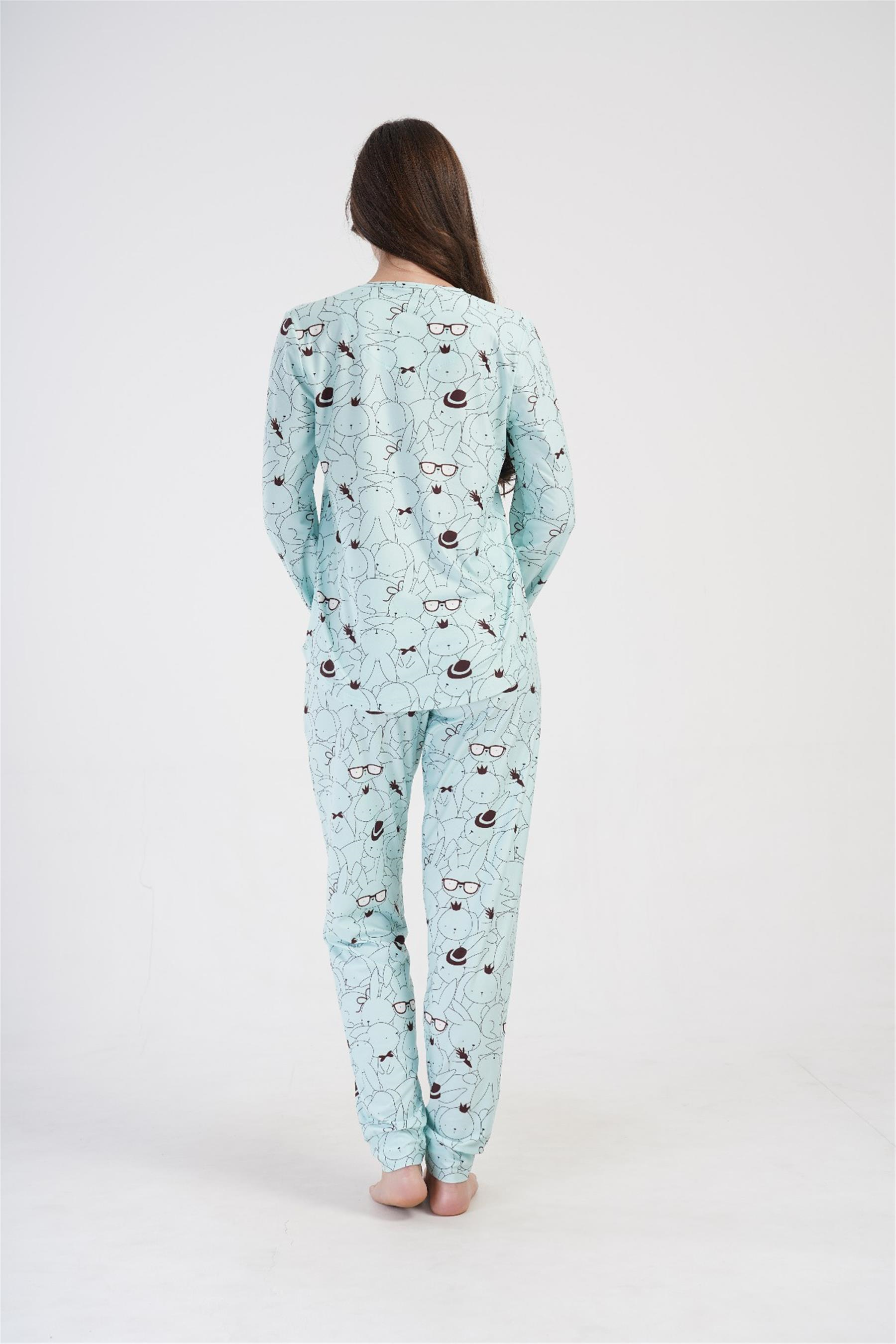 Kadın Su Yeşili O Yaka Uzun Kol Eteği Oval Pijama Üstü