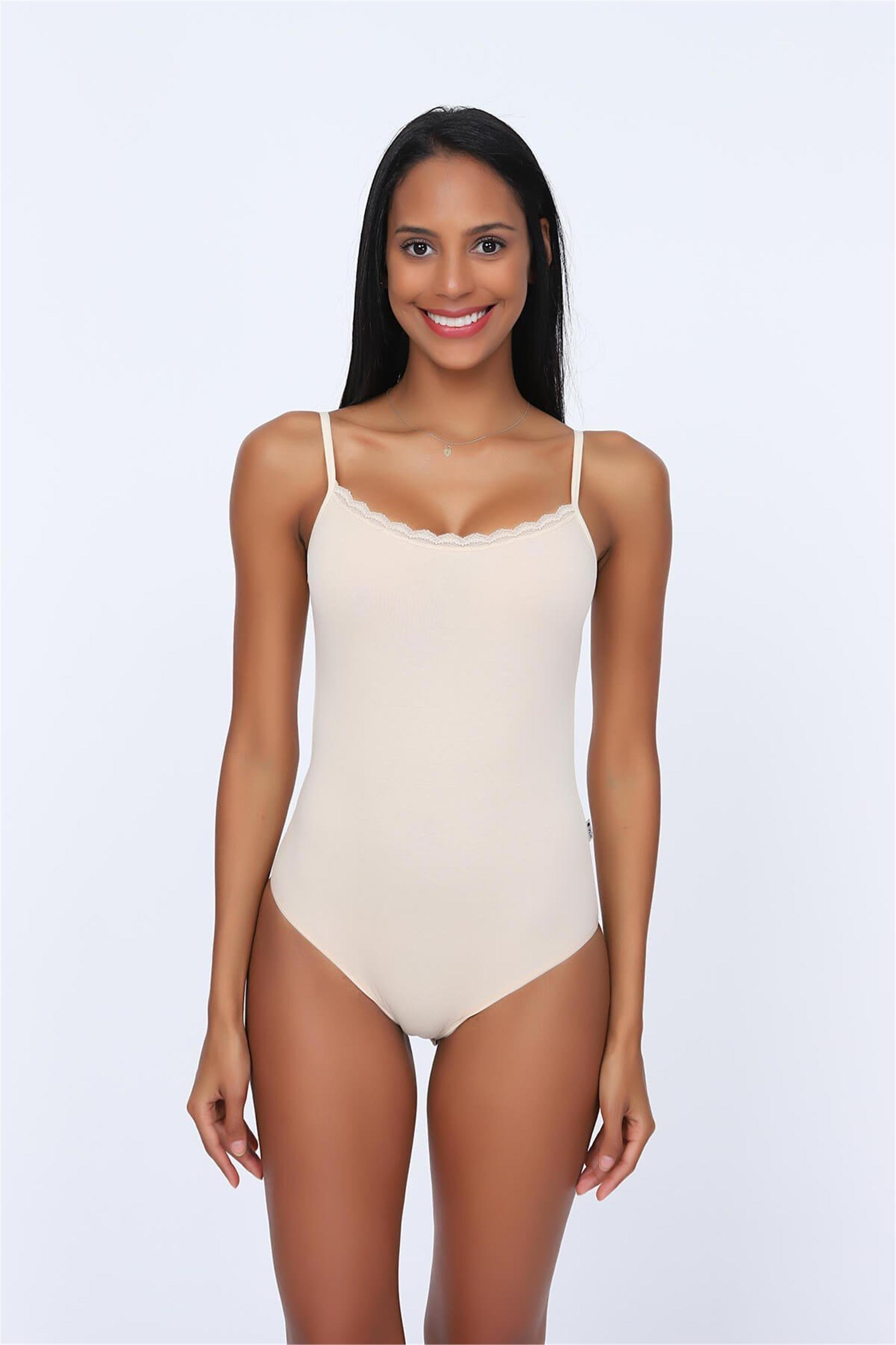 Kadın Ten Cotton İp Askılı Dantelli Çıtçıtlı Body