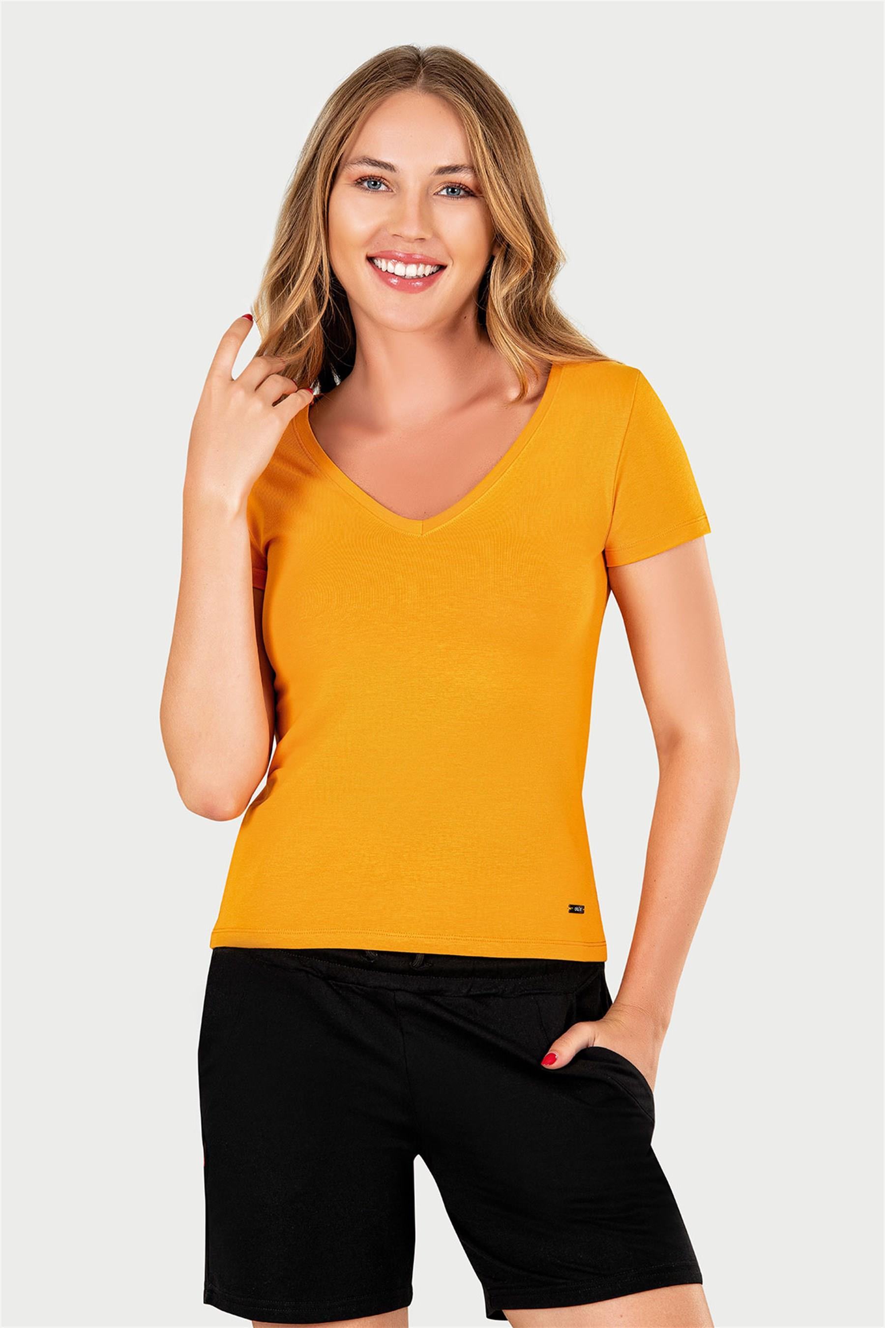 Kadın Turuncu V Yaka T-shirt