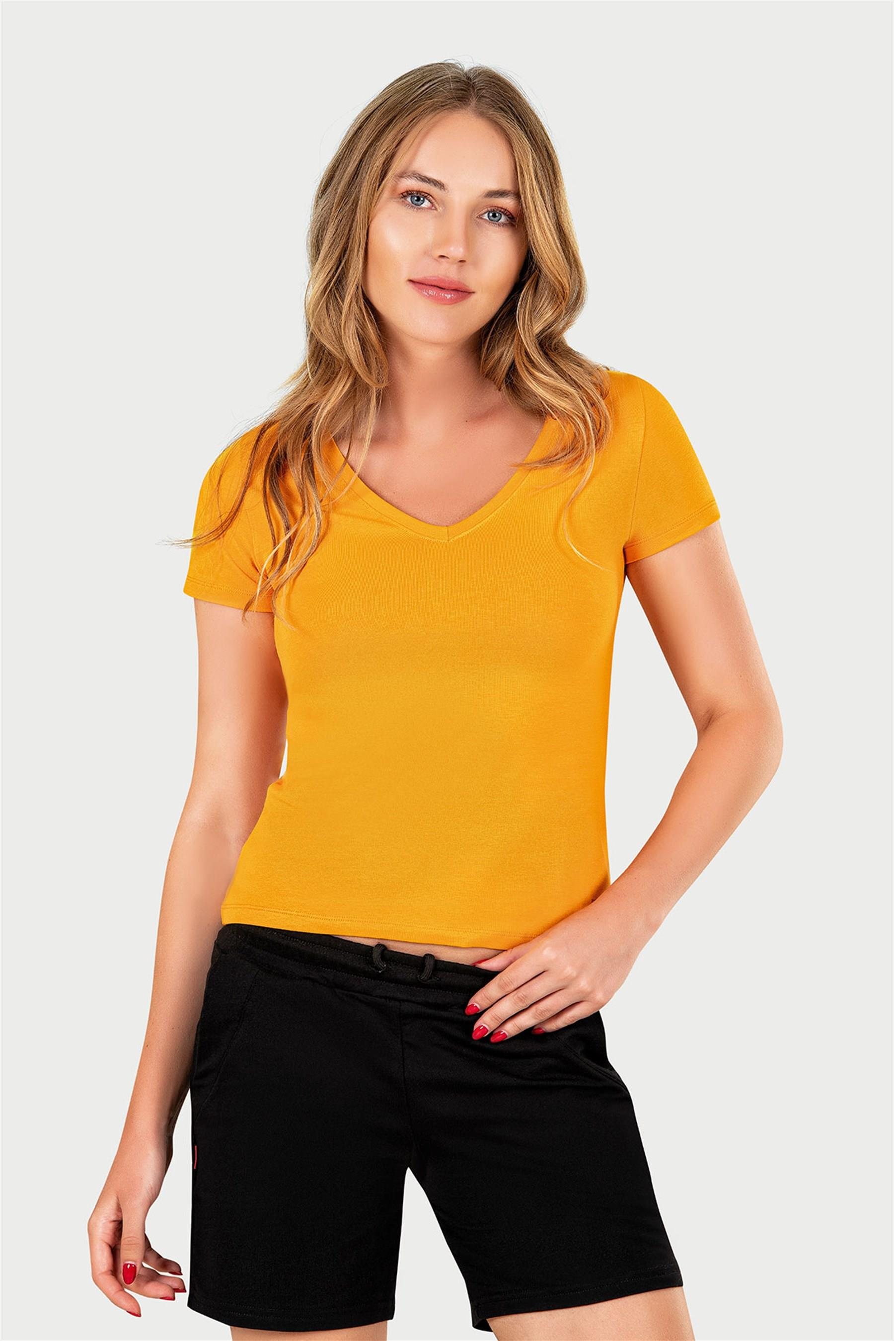 Kadın Turuncu V Yaka T-shirt