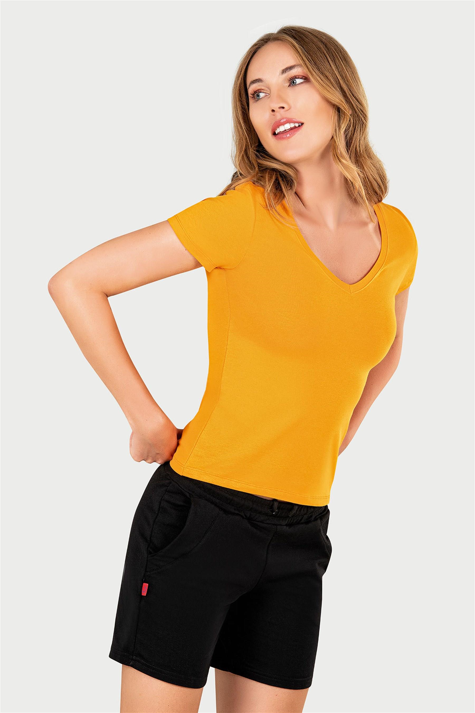 Kadın Turuncu V Yaka T-shirt