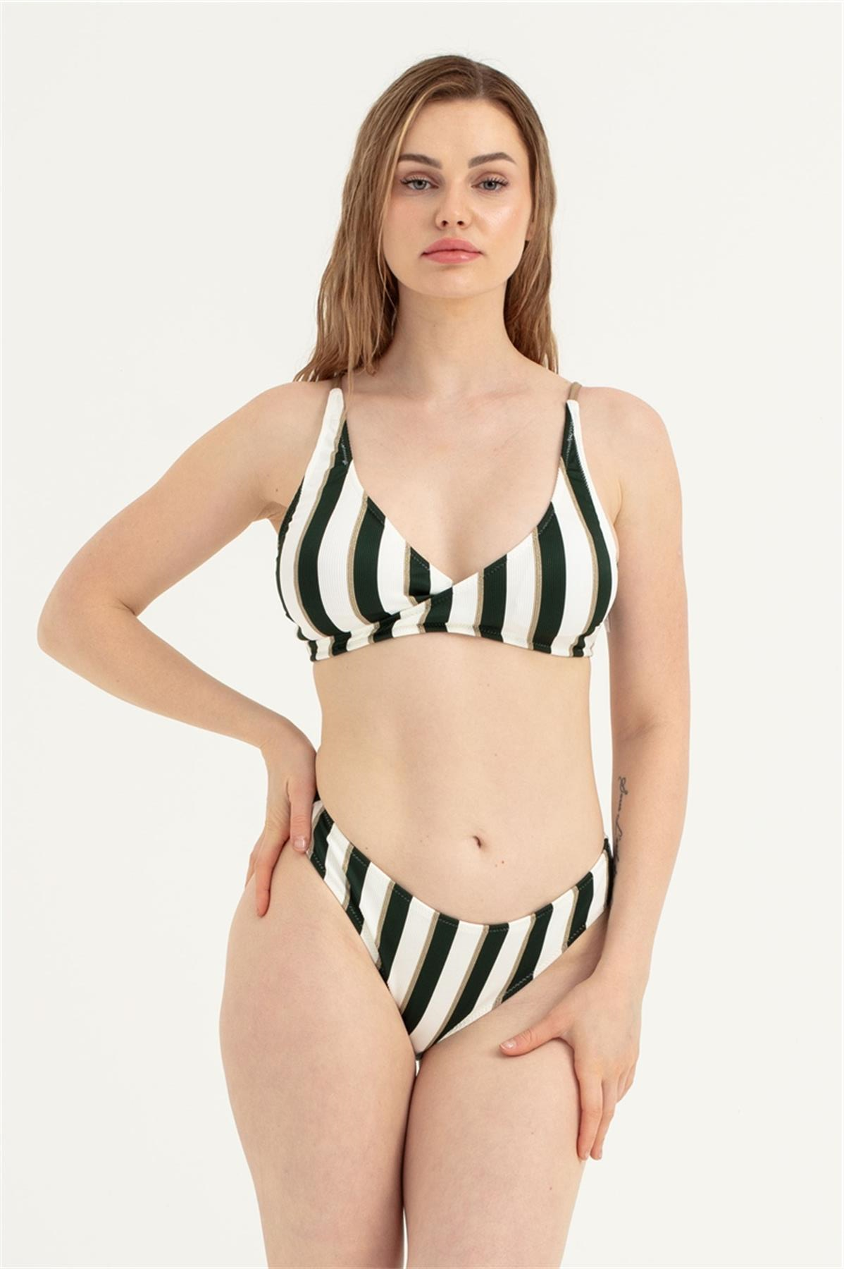 Kadın Yeşil Çizgili V Yaka Bikini Takım