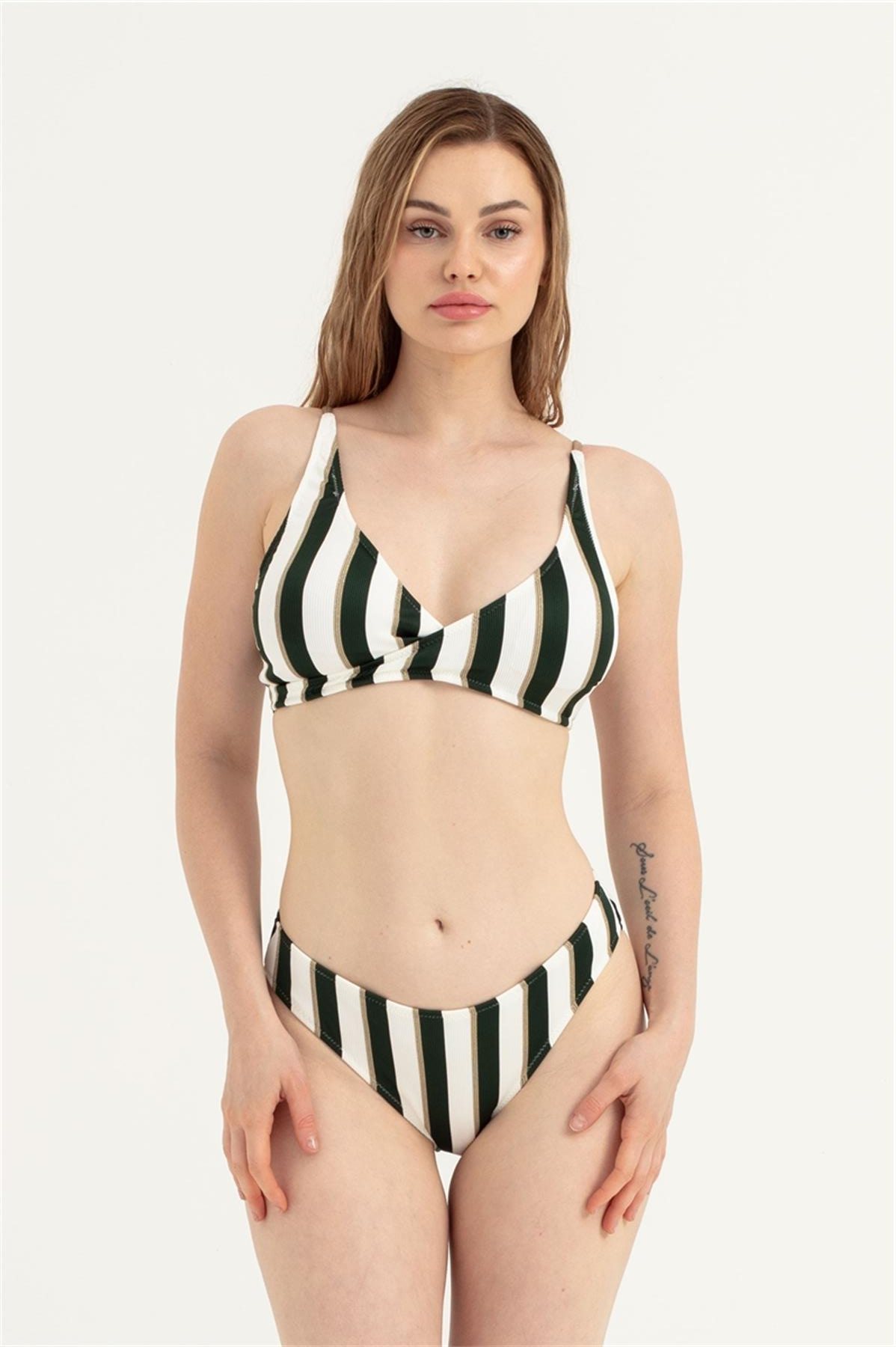 Kadın Yeşil Çizgili V Yaka Bikini Takım
