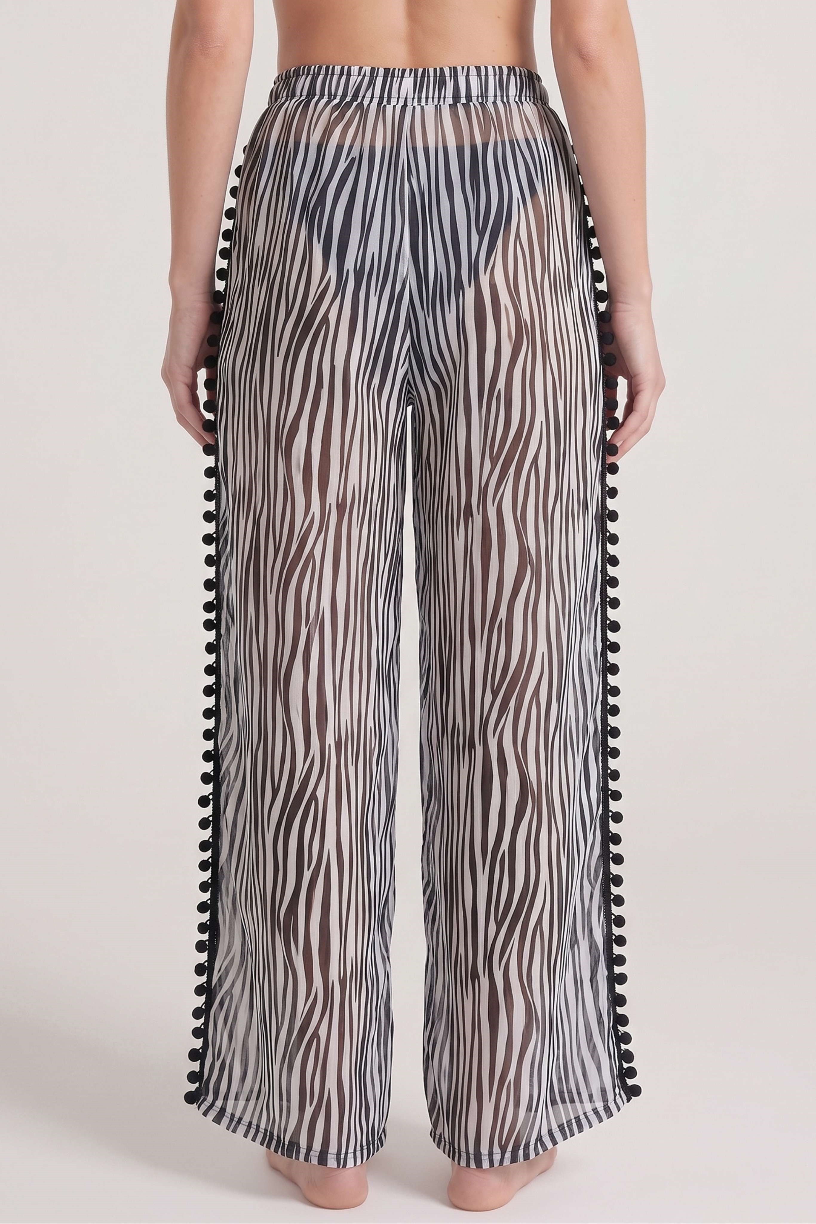 Kadın Zebra Desen Ponpon Detaylı Yırtmaçlı Pantolon Pareo
