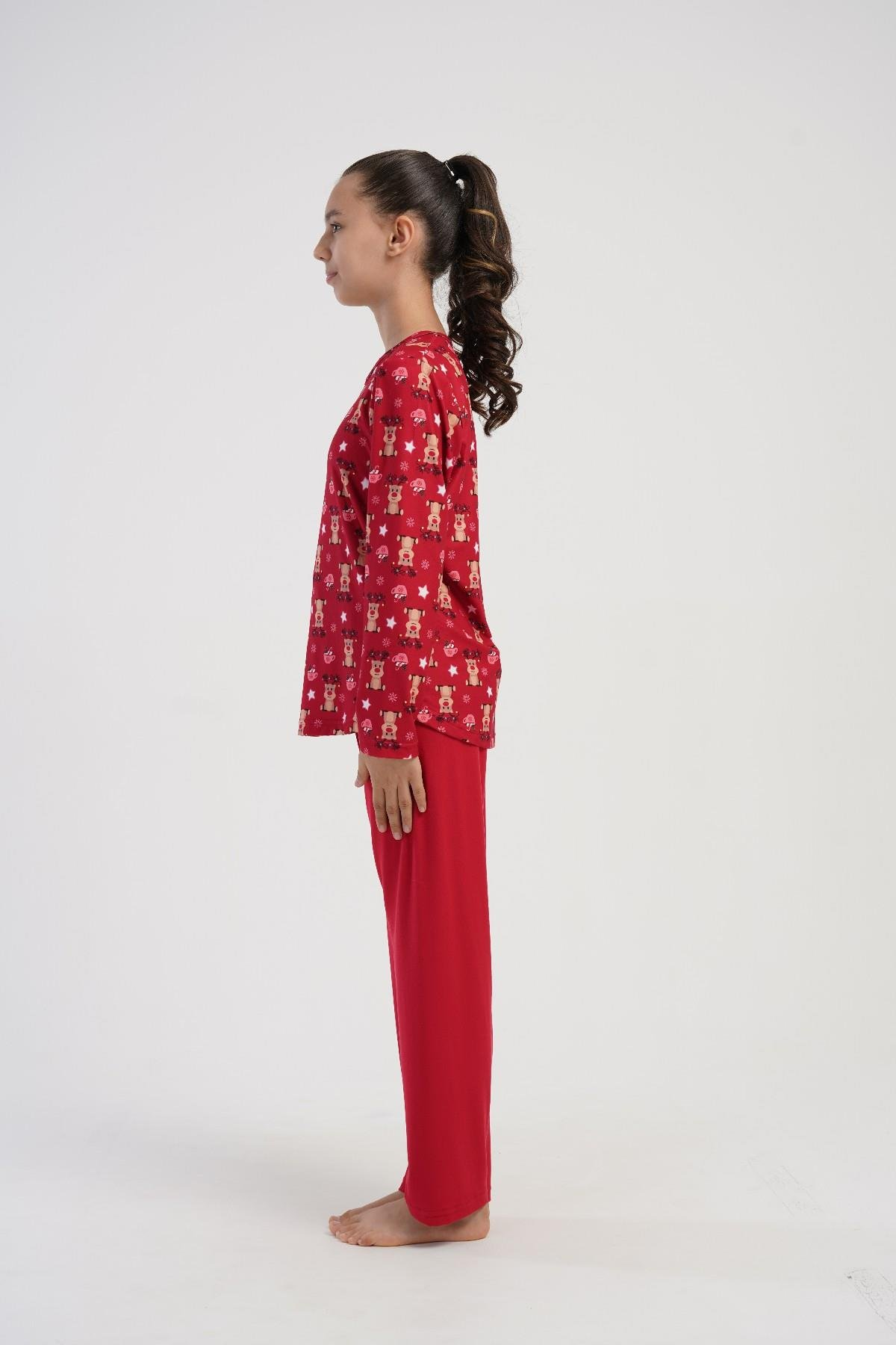 Kız Çocuk Kırmızı Geyik Desen Marla Pijama Üstü