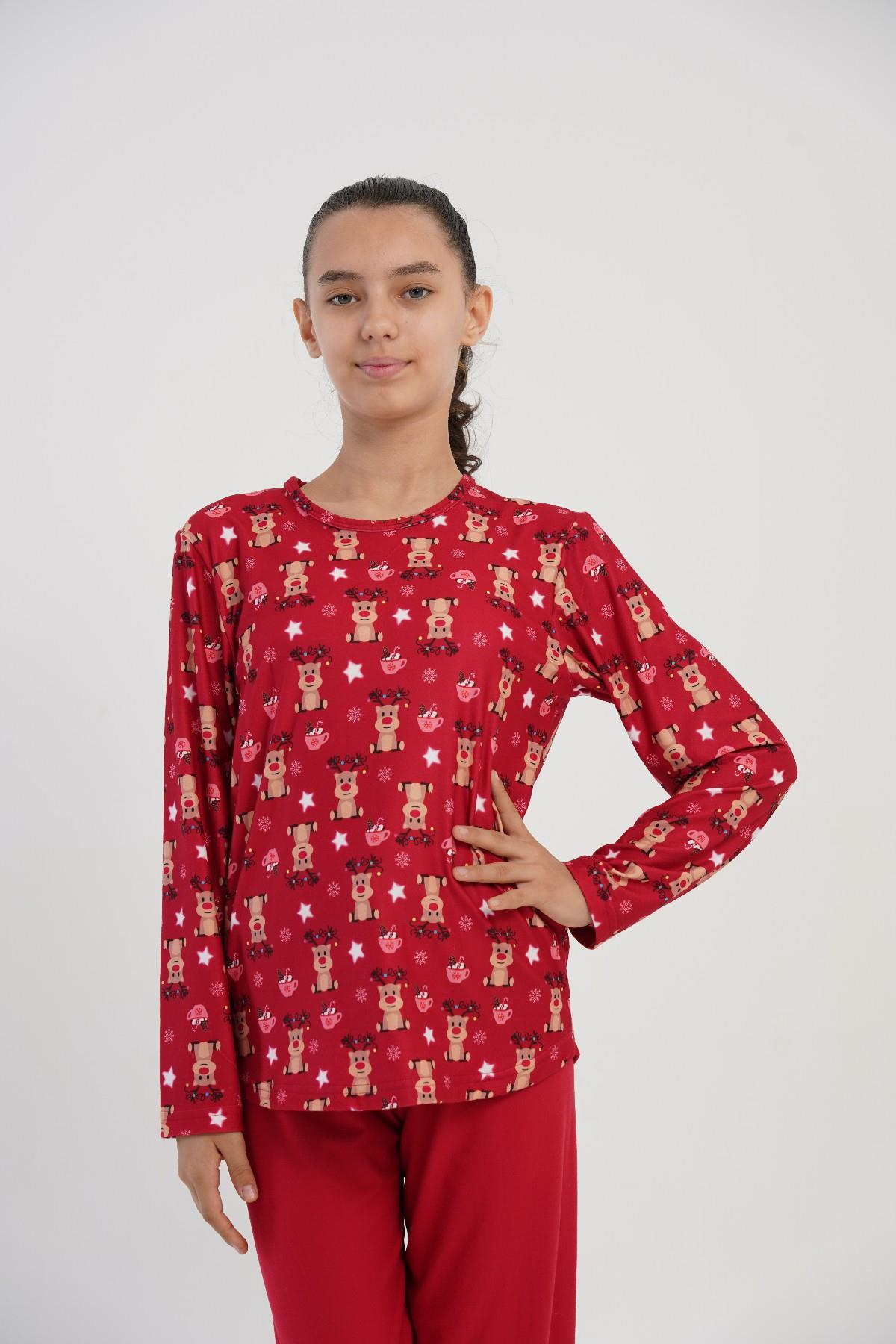 Kız Çocuk Kırmızı Geyik Desen Marla Pijama Üstü