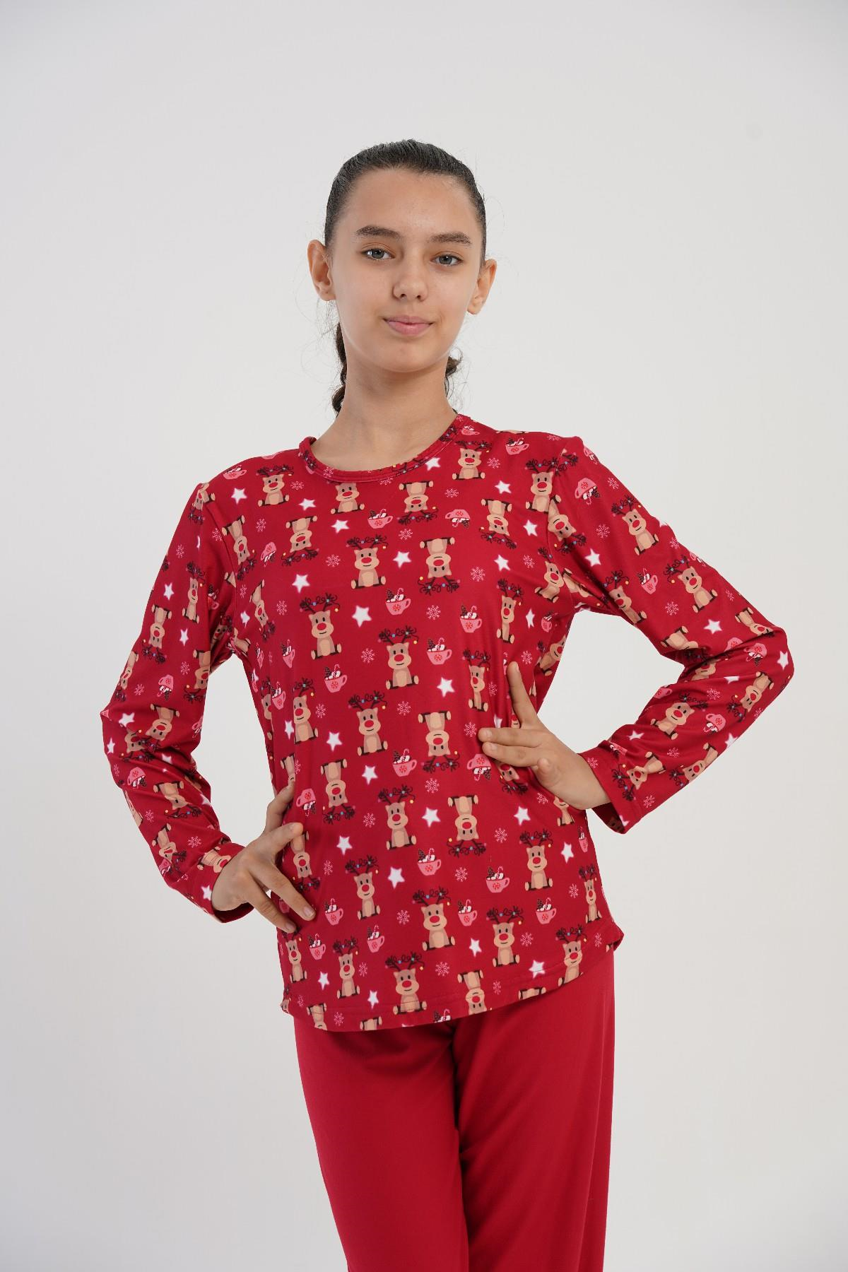 Kız Çocuk Kırmızı Geyik Desen Marla Pijama Üstü