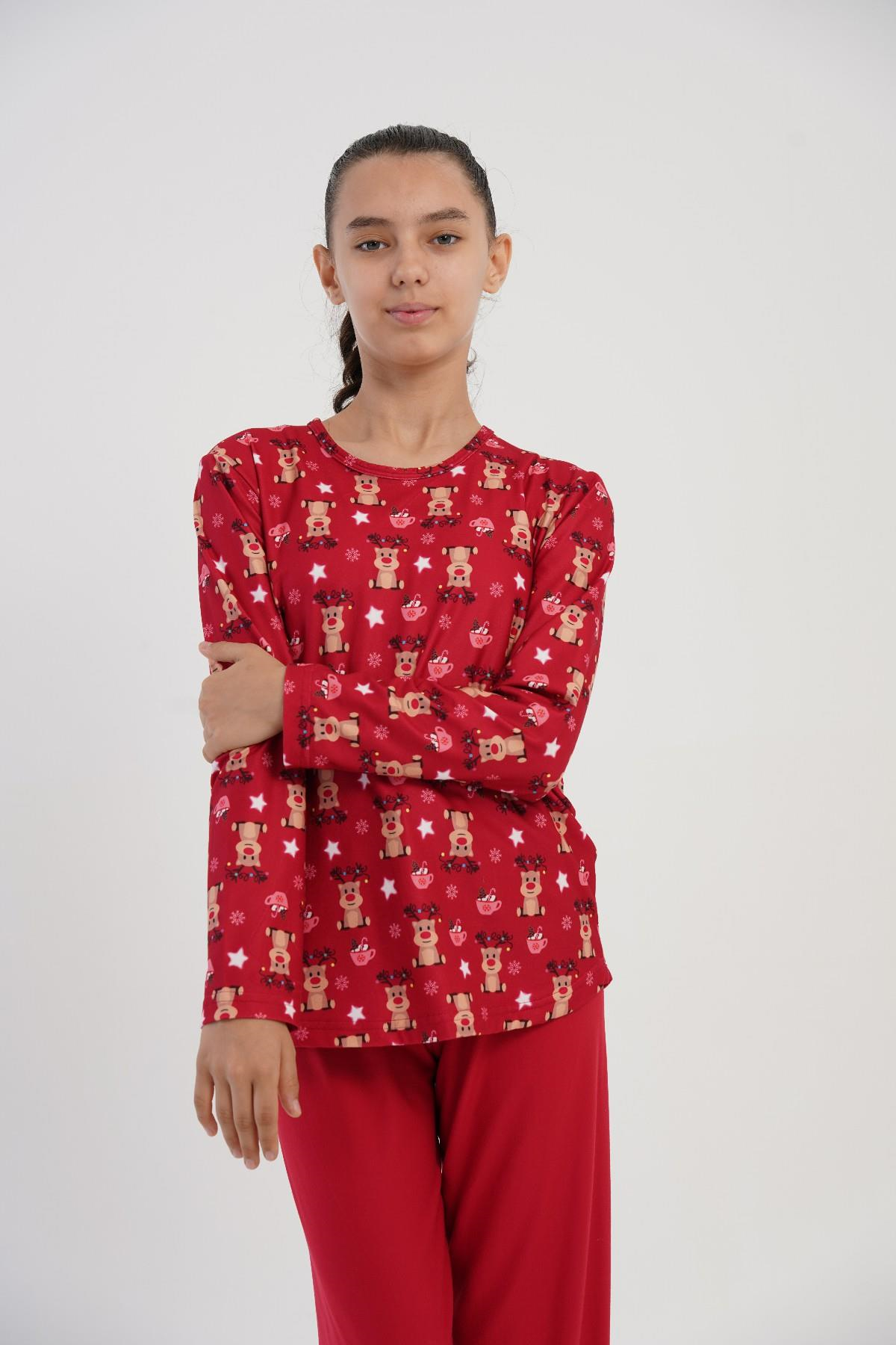 Kız Çocuk Kırmızı Geyik Desen Marla Pijama Üstü