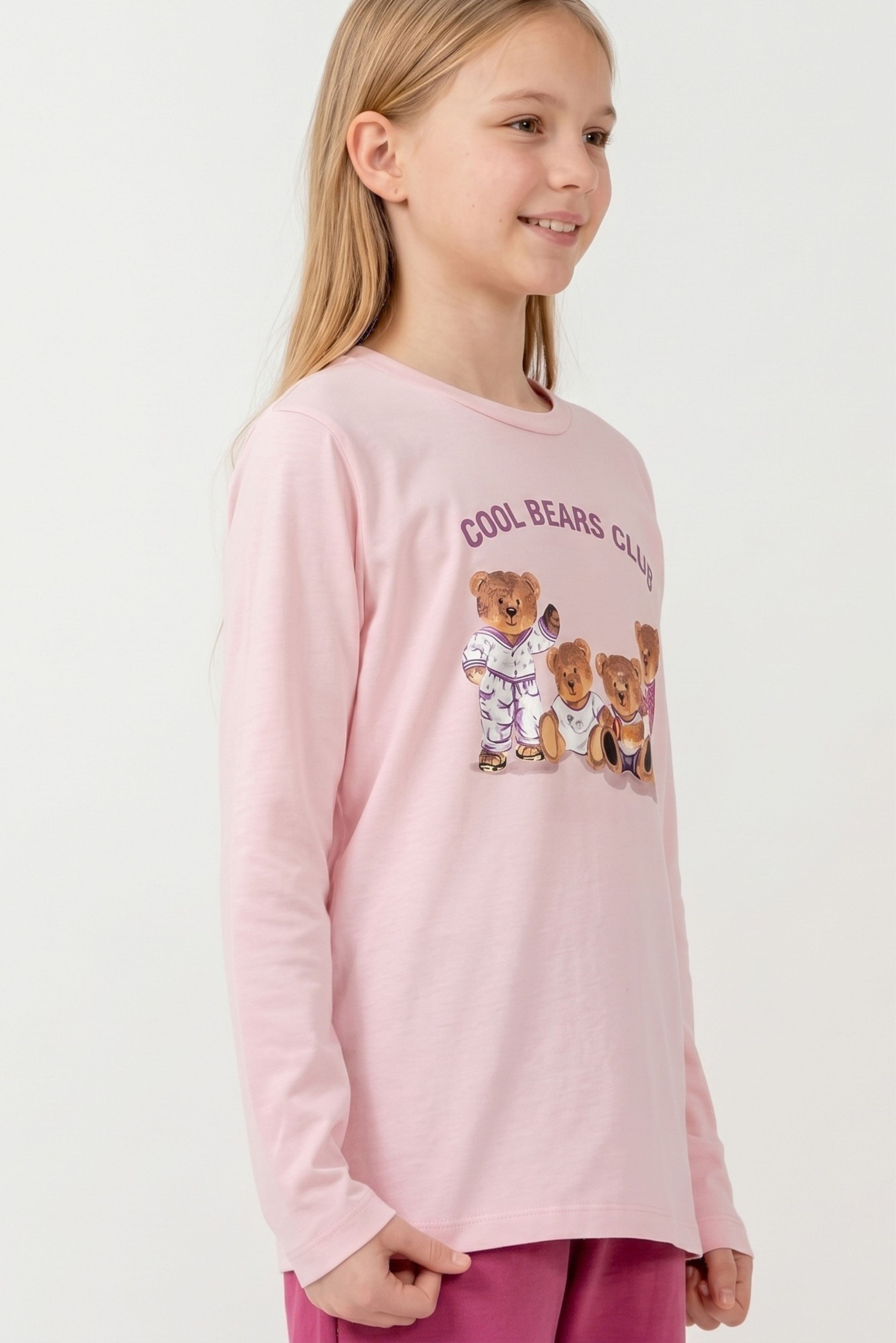 Kız Çocuk Pembe Ayıcık Desenli Pijama Üstü