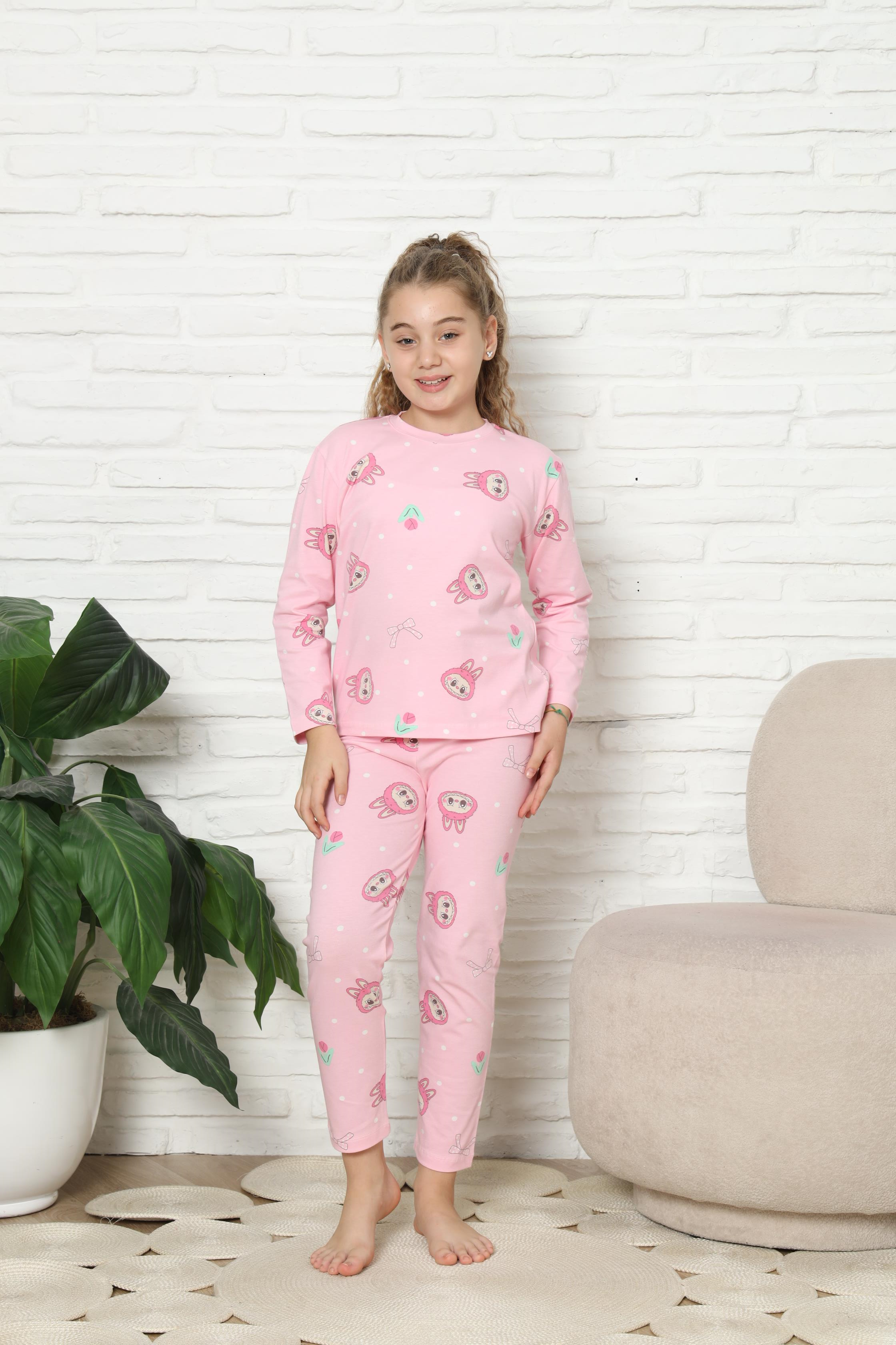 Kız Çocuk Pembe Labubu Desen Bisiklet Yaka Üst