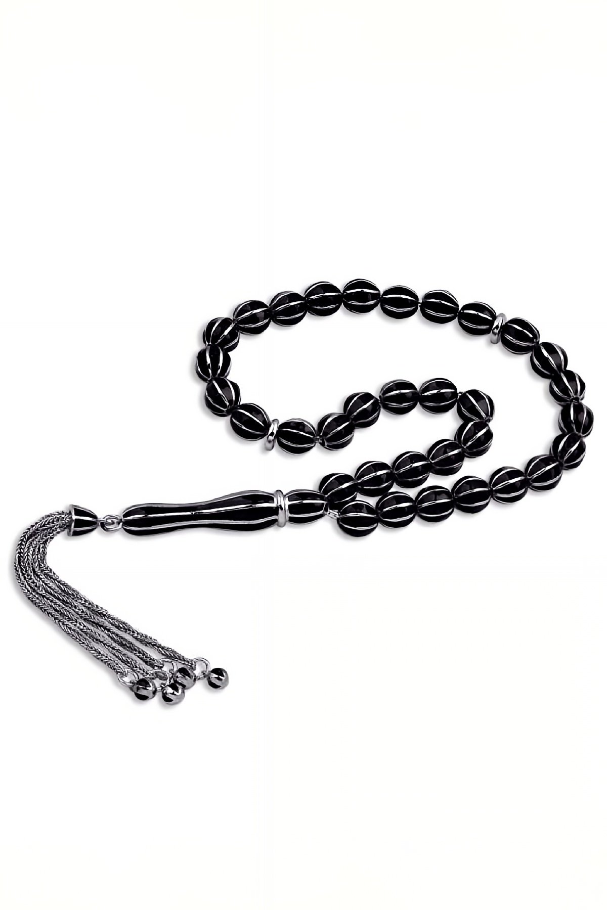 ​Gümüş Siyah Mineli Çizgili Tesbih