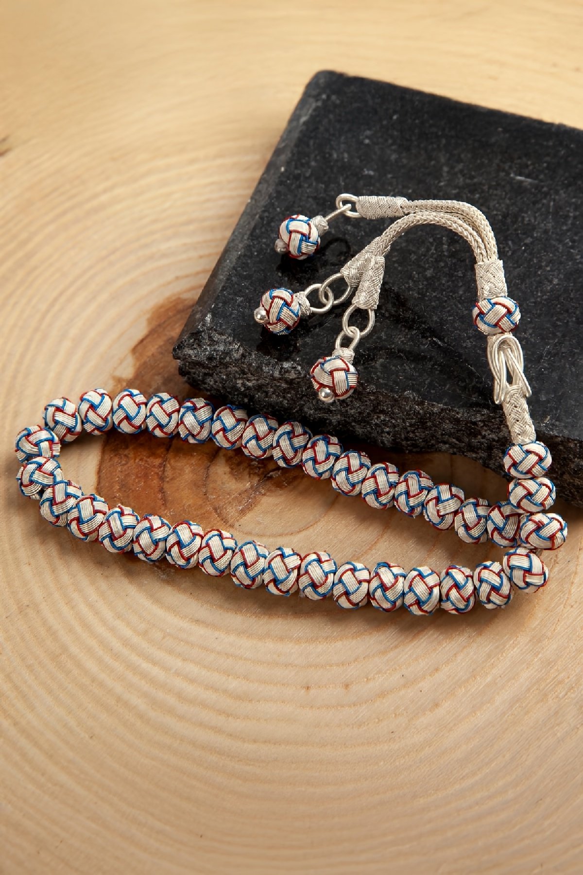 1000 Ayar Gümüş Bordo Mavi El İşi Kazaziye Tesbih