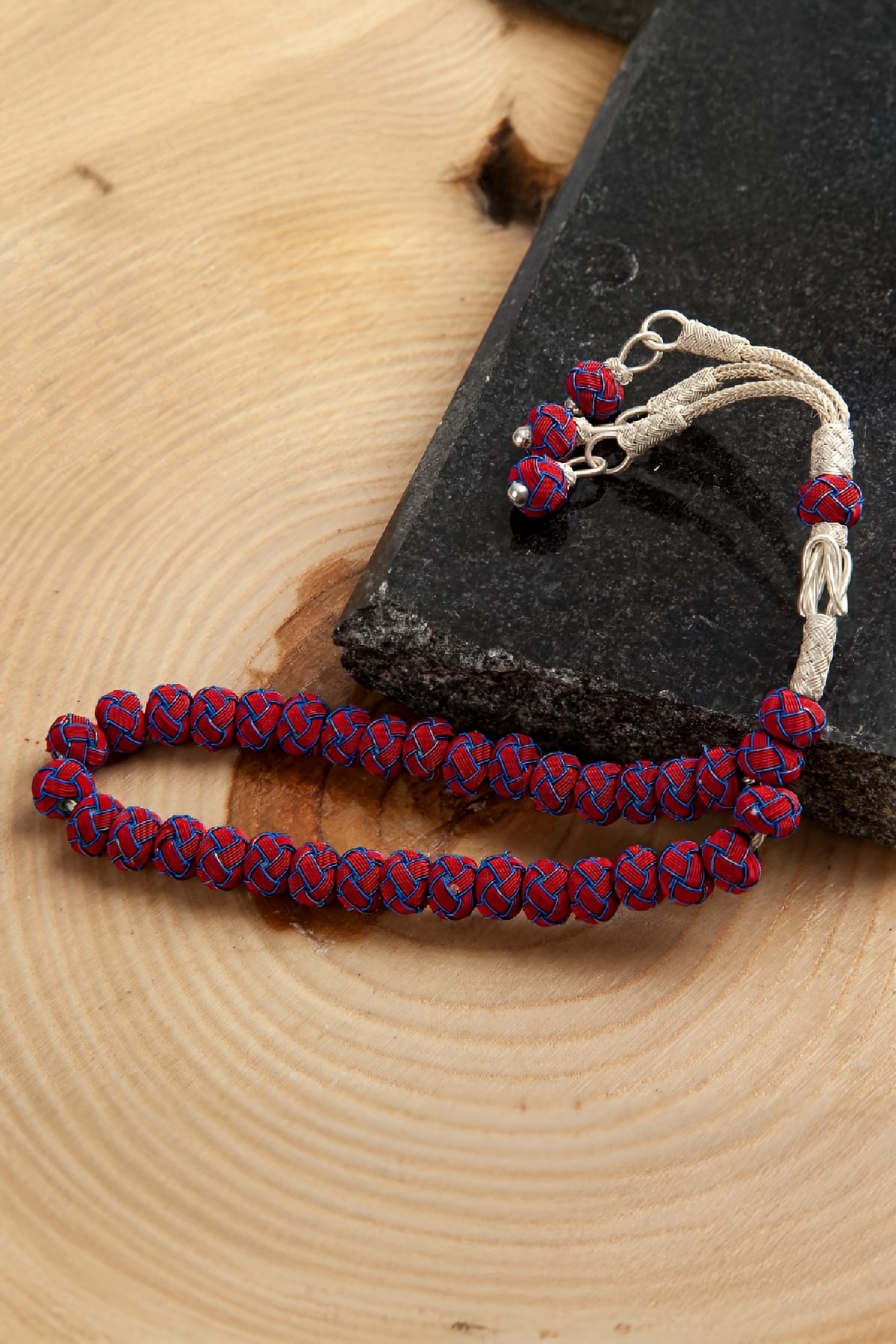 1000 Ayar Gümüş Bordo Mavi Renk El İşi Kazaziye Tesbih