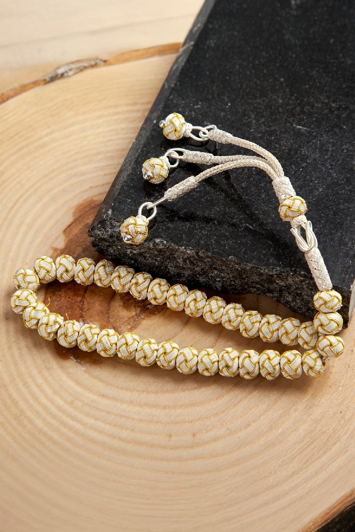 1000 Ayar Gümüş Sarı Beyaz Renk El İşi Kazaziye Tesbih