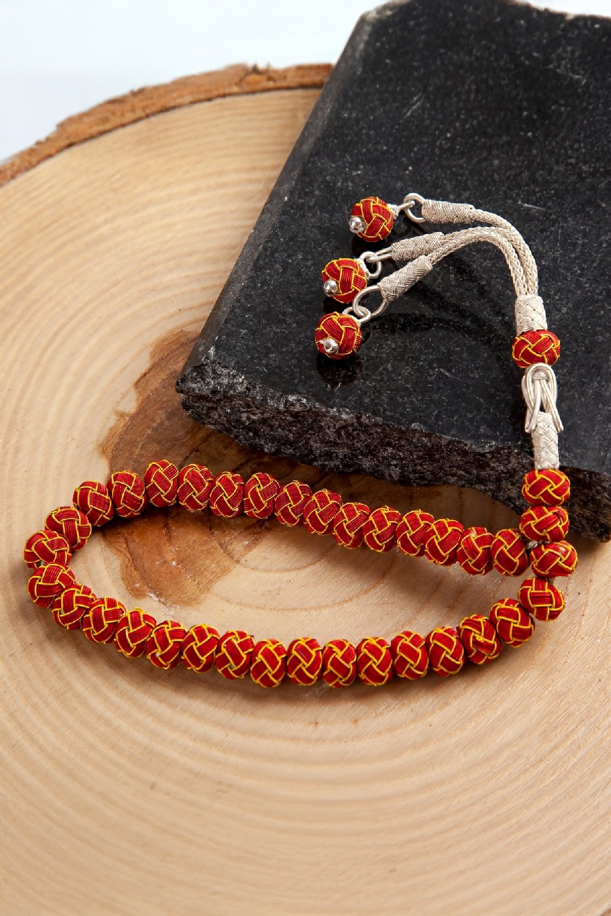 1000 Ayar Gümüş Sarı Kırmızı Renk El İşi Kazaziye Tesbih