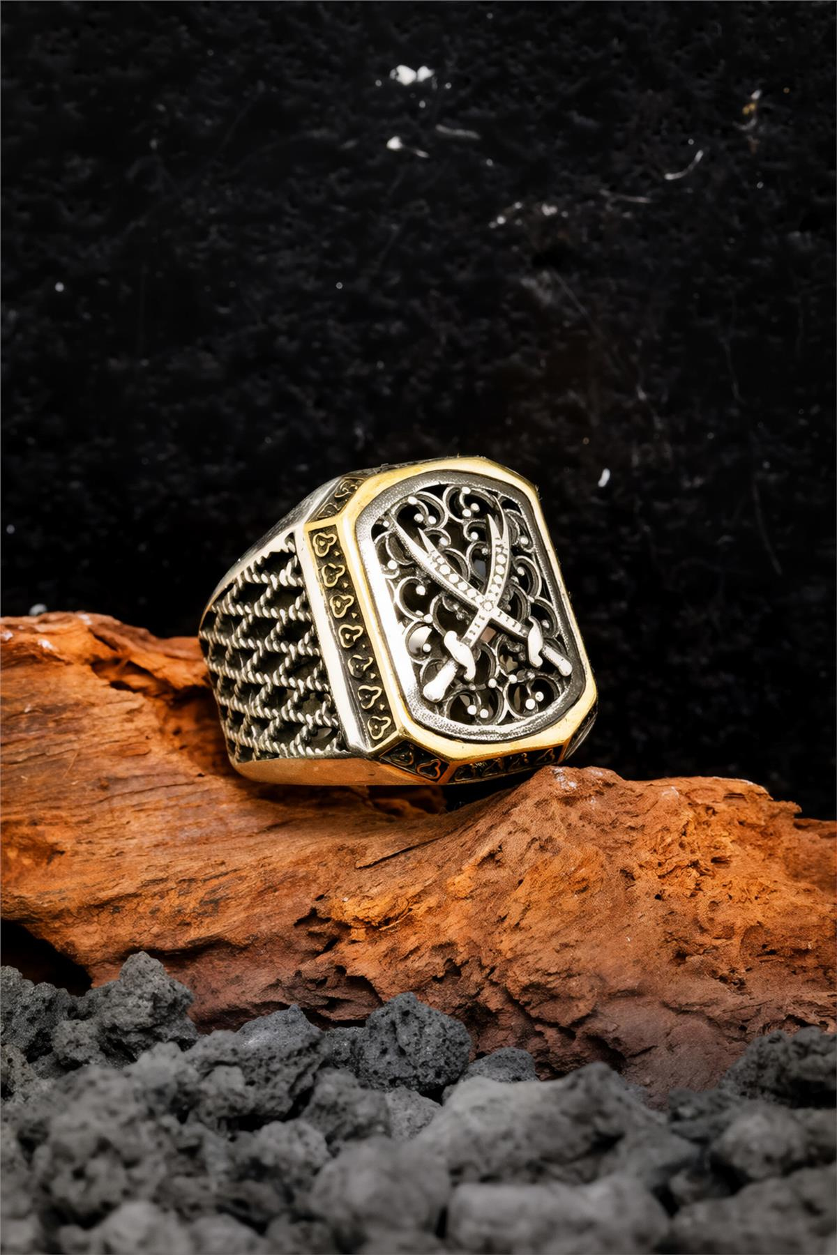 925 Ayar Çift Kılıç Zülfikar Gümüş Erkek Yüzük