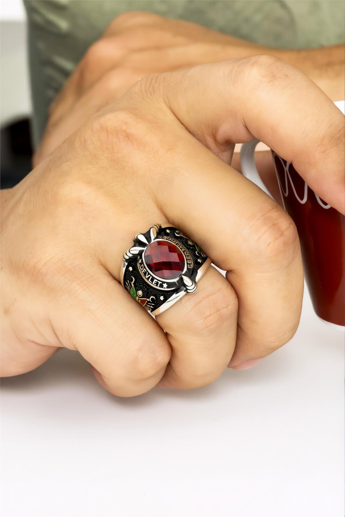 925 Ayar Devleti Ebed Müddet Yazılı Mineli Gümüş Erkek Yüzük