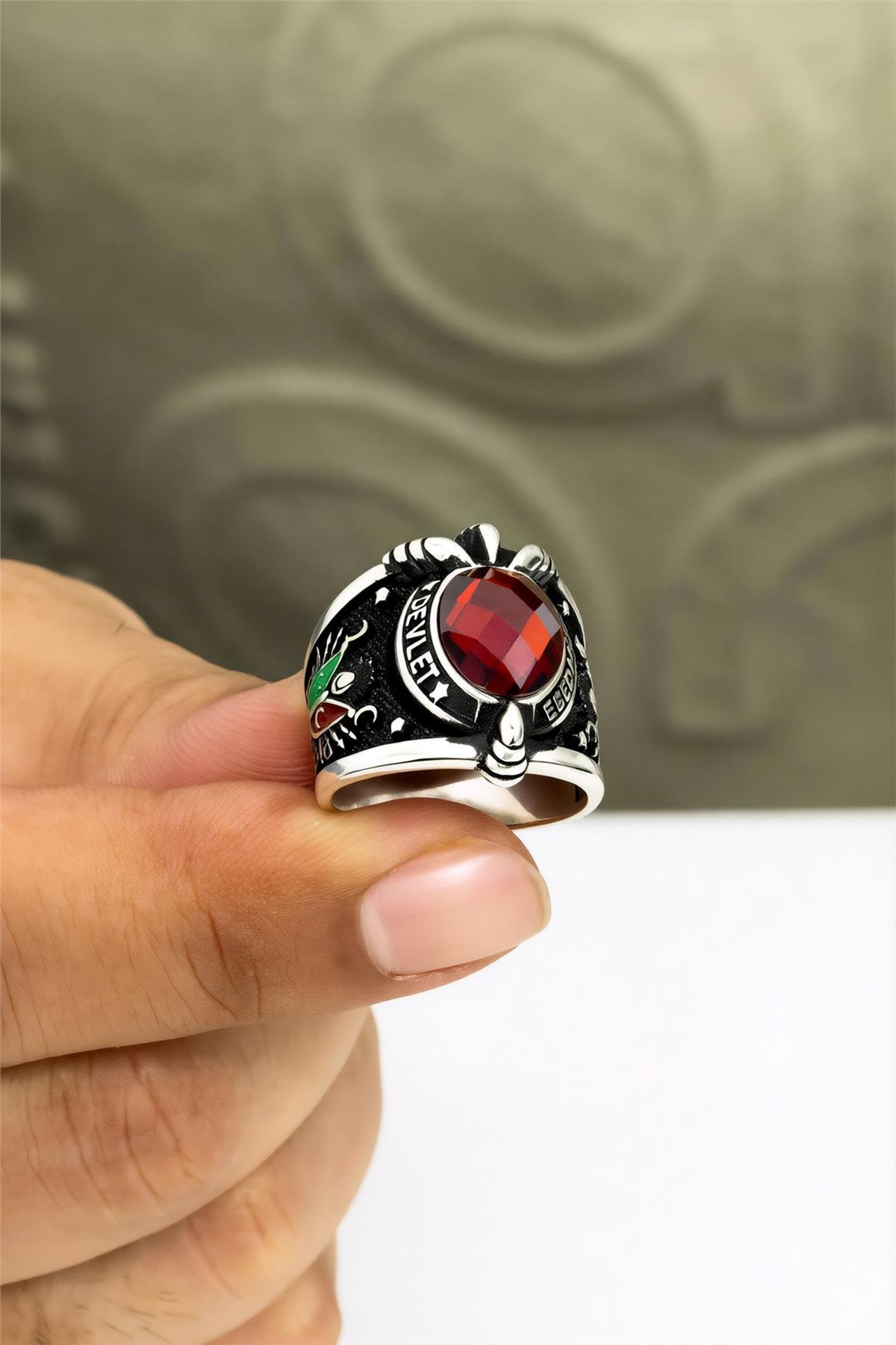 925 Ayar Devleti Ebed Müddet Yazılı Mineli Gümüş Erkek Yüzük