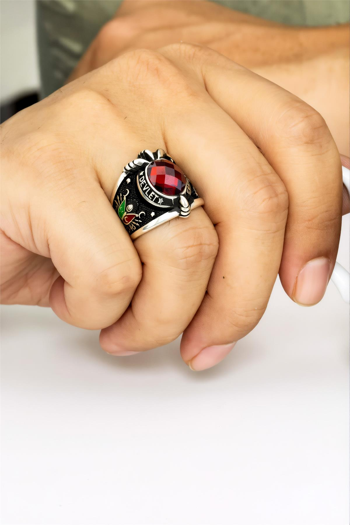 925 Ayar Devleti Ebed Müddet Yazılı Mineli Gümüş Erkek Yüzük