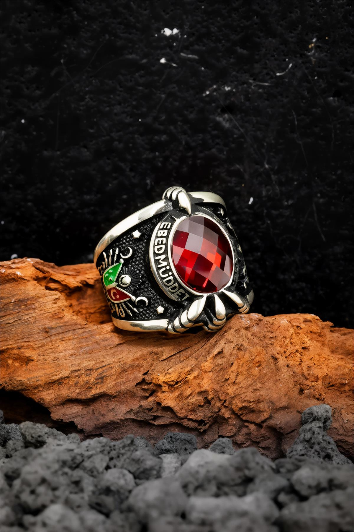 925 Ayar Devleti Ebed Müddet Yazılı Mineli Gümüş Erkek Yüzük