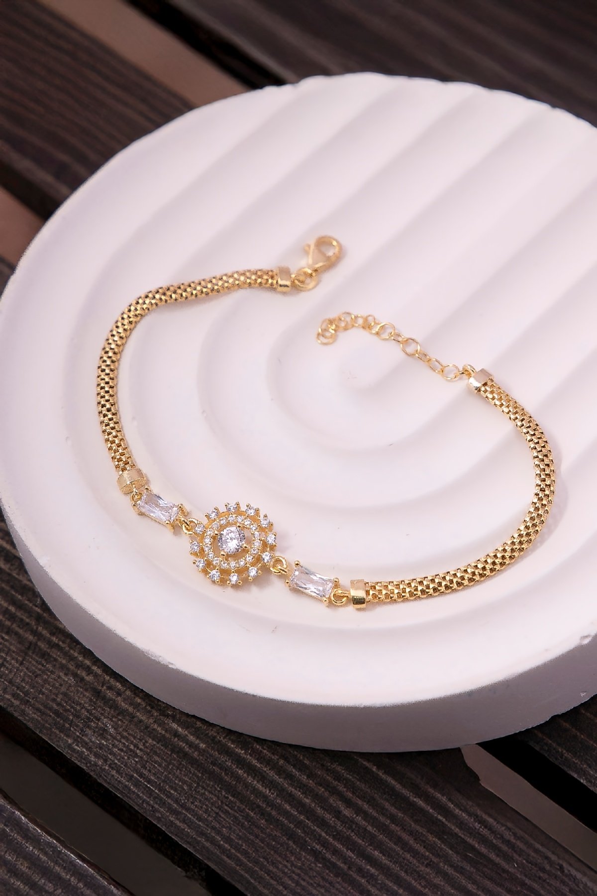 925 Ayar Gümüş Altın Kaplama Baget ve Zirkon Süslemeli Güneş Bayan Bileklik