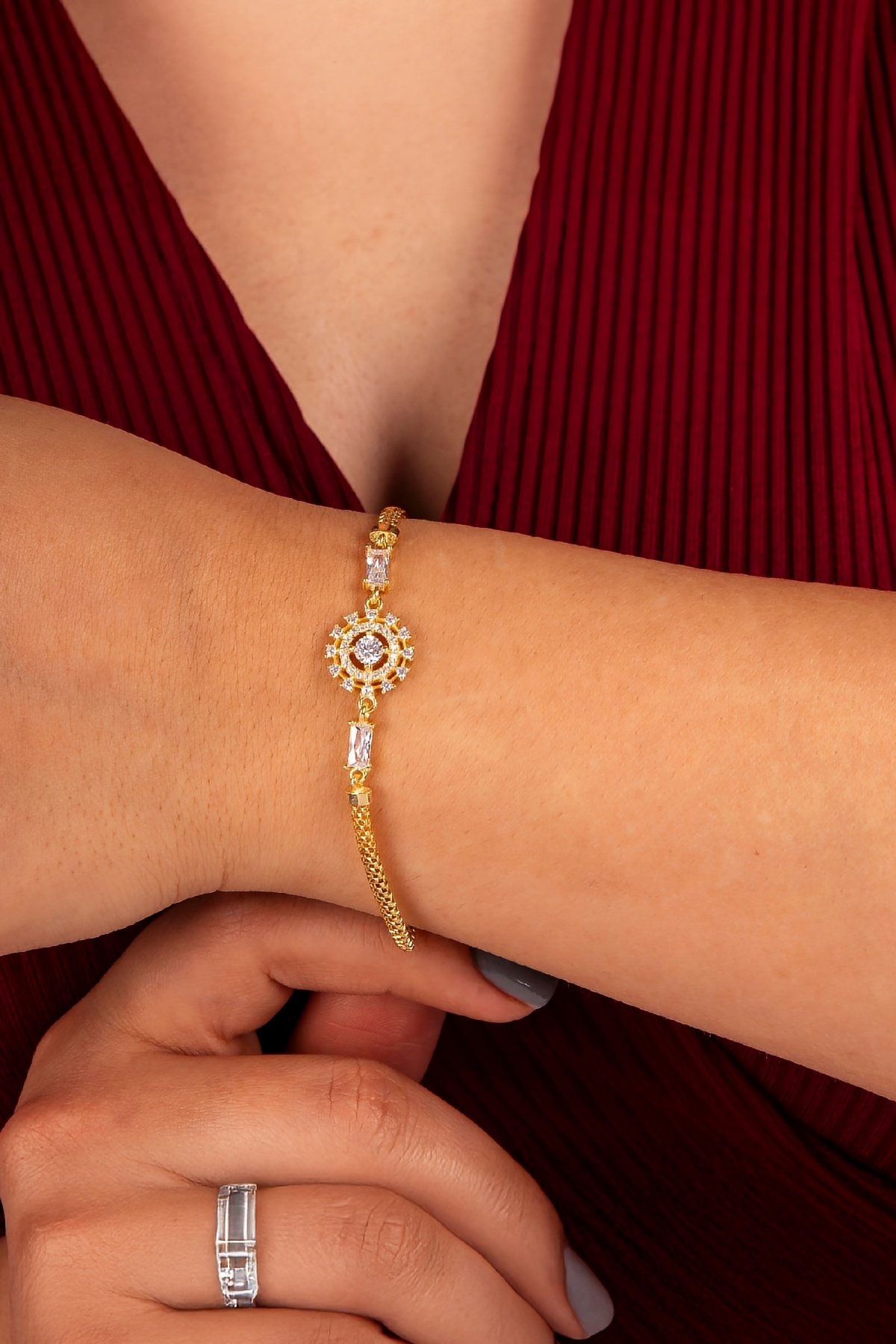 925 Ayar Gümüş Altın Kaplama Baget ve Zirkon Süslemeli Güneş Bayan Bileklik