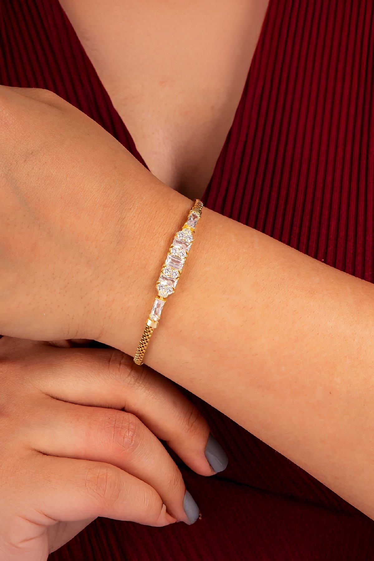 925 Ayar Gümüş Altın Renk Küp Zincir Baget Bayan Bileklik