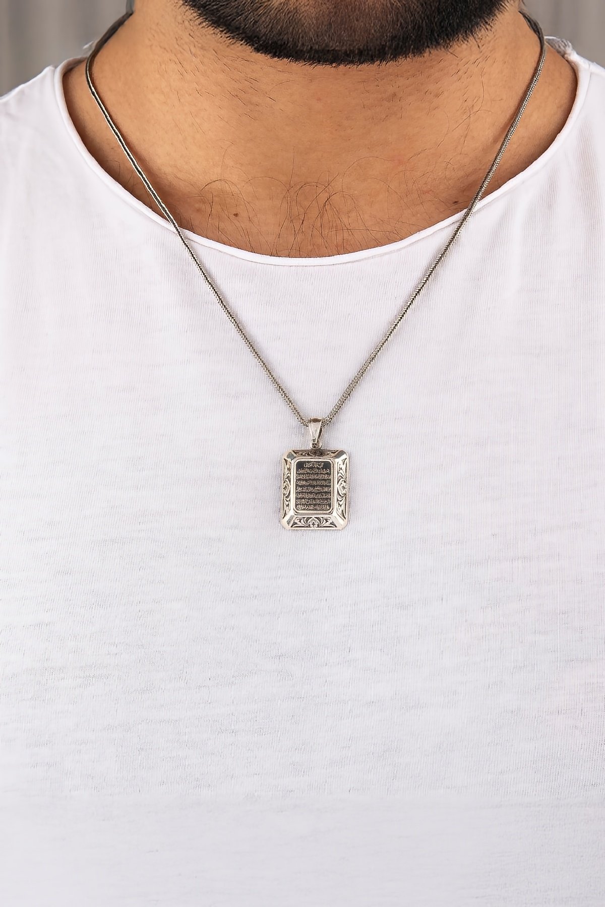 925 Ayar Gümüş Ayetel Kürsi Yazılı Erkek Cevşen Kolye