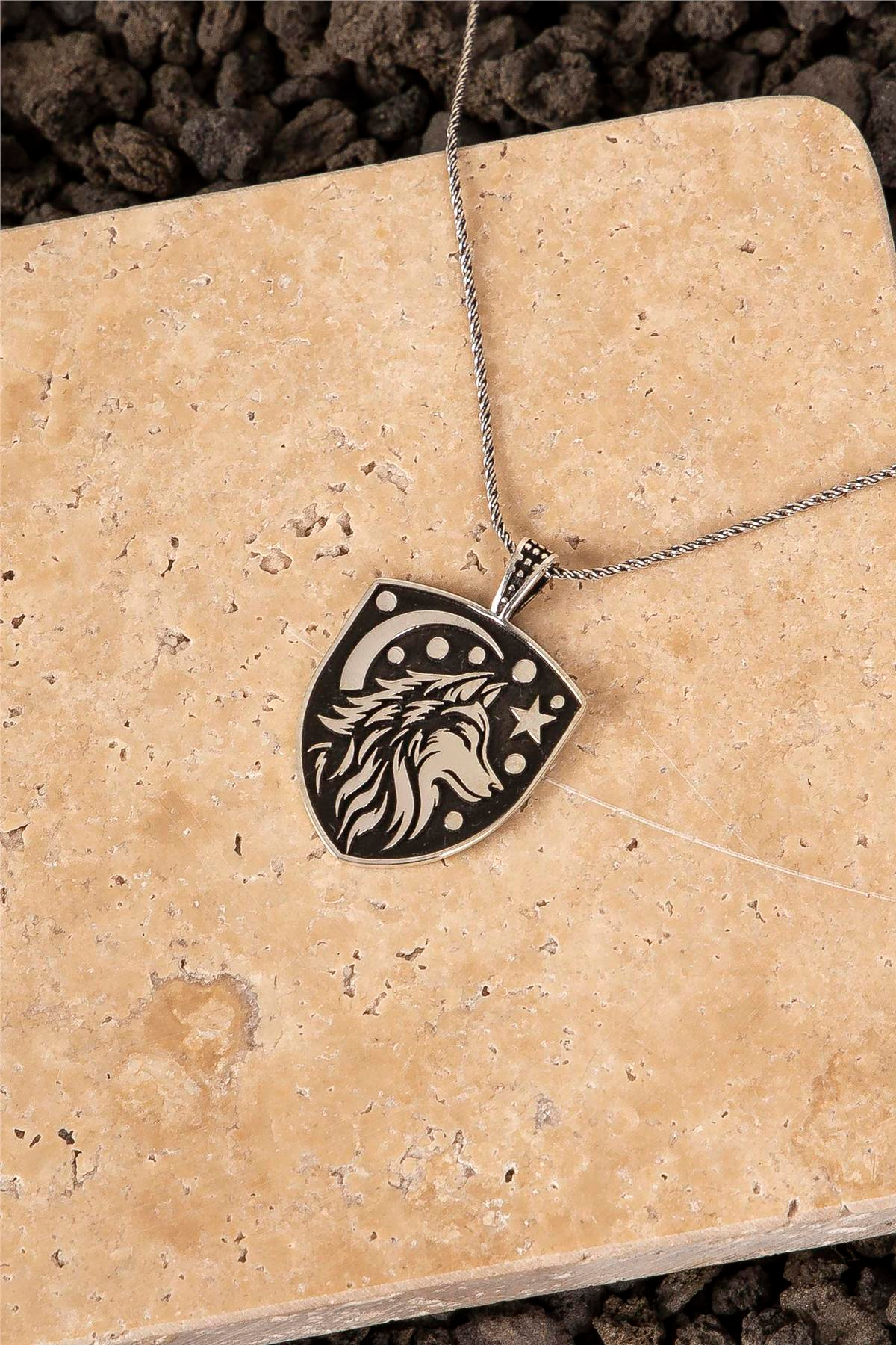 925 Ayar Gümüş Ayyıldız Motifli Kurt Erkek Kolye