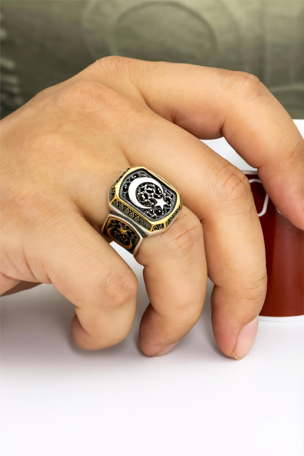 925 Ayar Gümüş Ayyıldız Motifli Telkari İşlemeli Erkek Yüzük