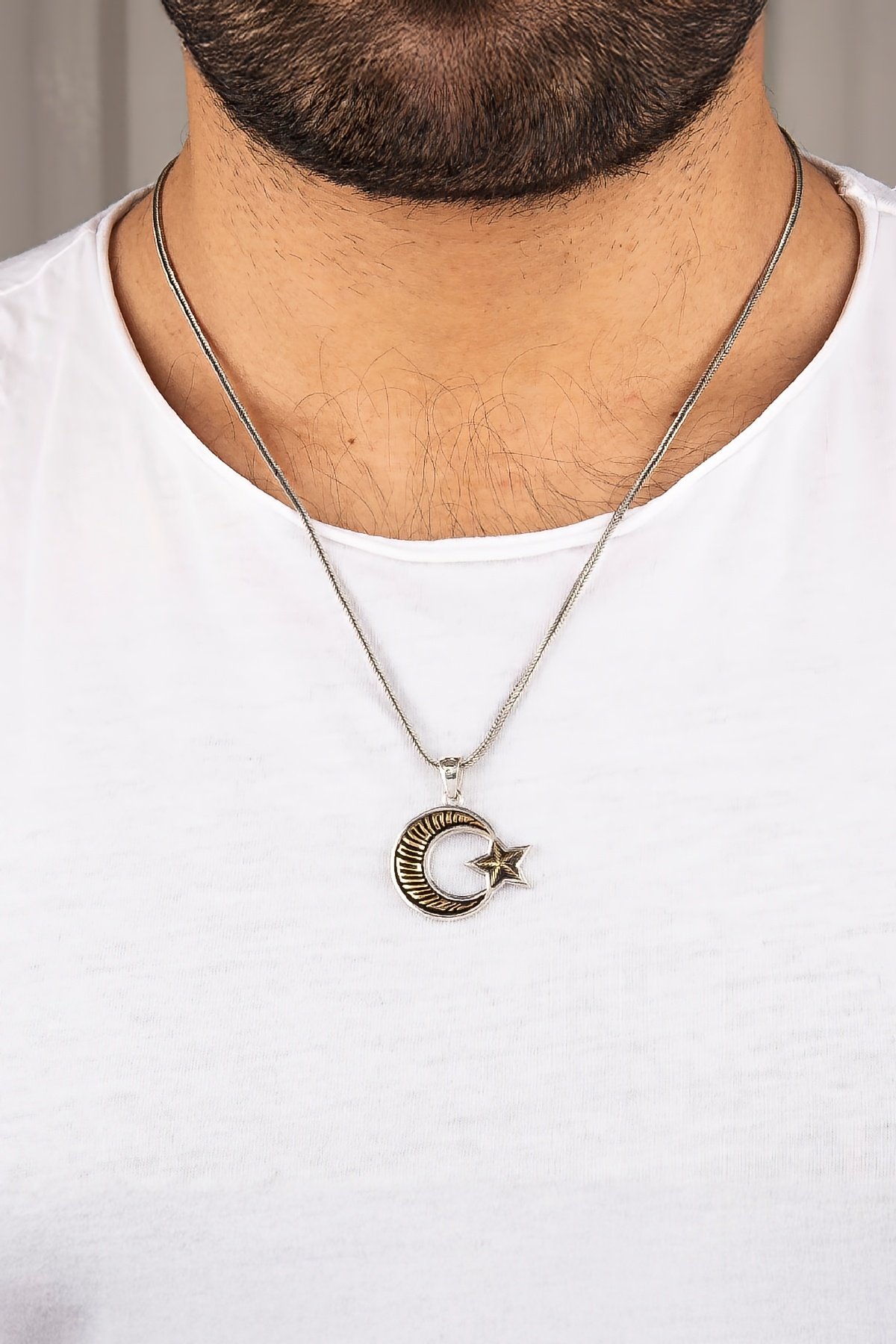 925 Ayar Gümüş Bronz Süslemeli Ayyıldız Erkek Kolye