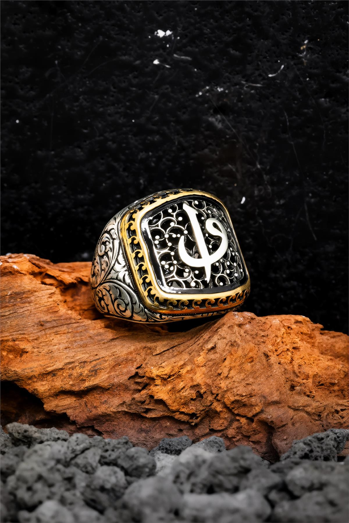 925 Ayar Gümüş Elif Vav Harfli Erkek Yüzük