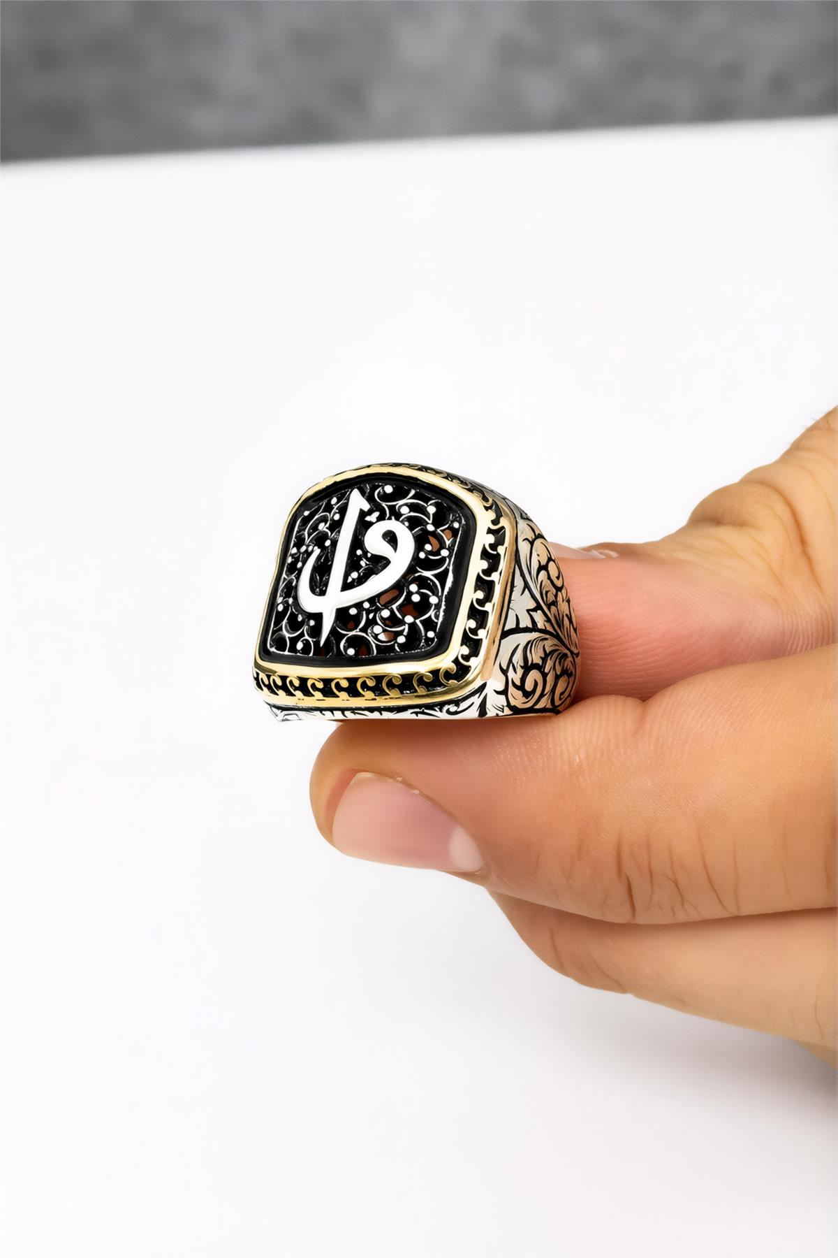 925 Ayar Gümüş Elif Vav Harfli Erkek Yüzük