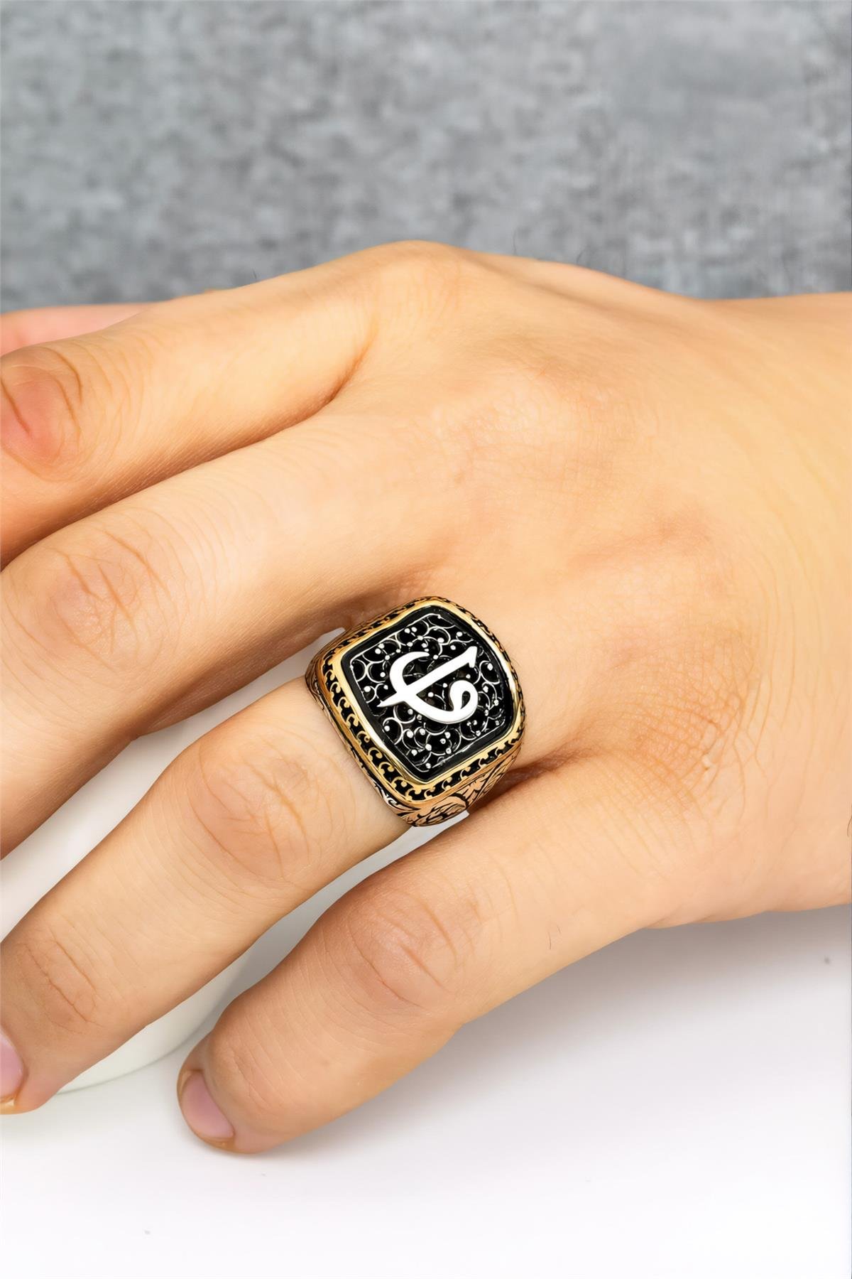 925 Ayar Gümüş Elif Vav Harfli Erkek Yüzük