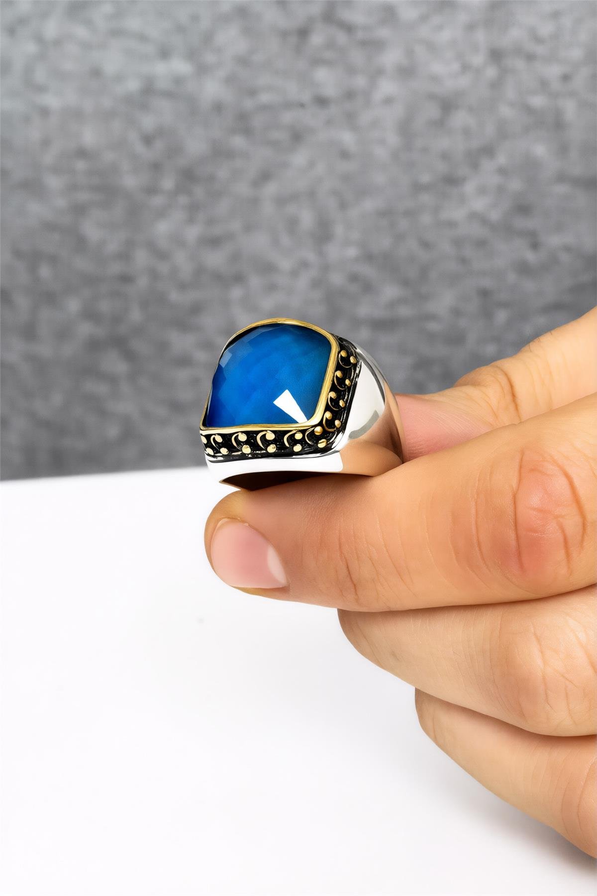 925 Ayar Gümüş Fasetli Mavi Taşlı Erkek Yüzük