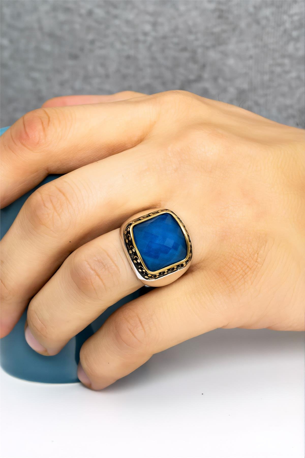 925 Ayar Gümüş Fasetli Mavi Taşlı Erkek Yüzük