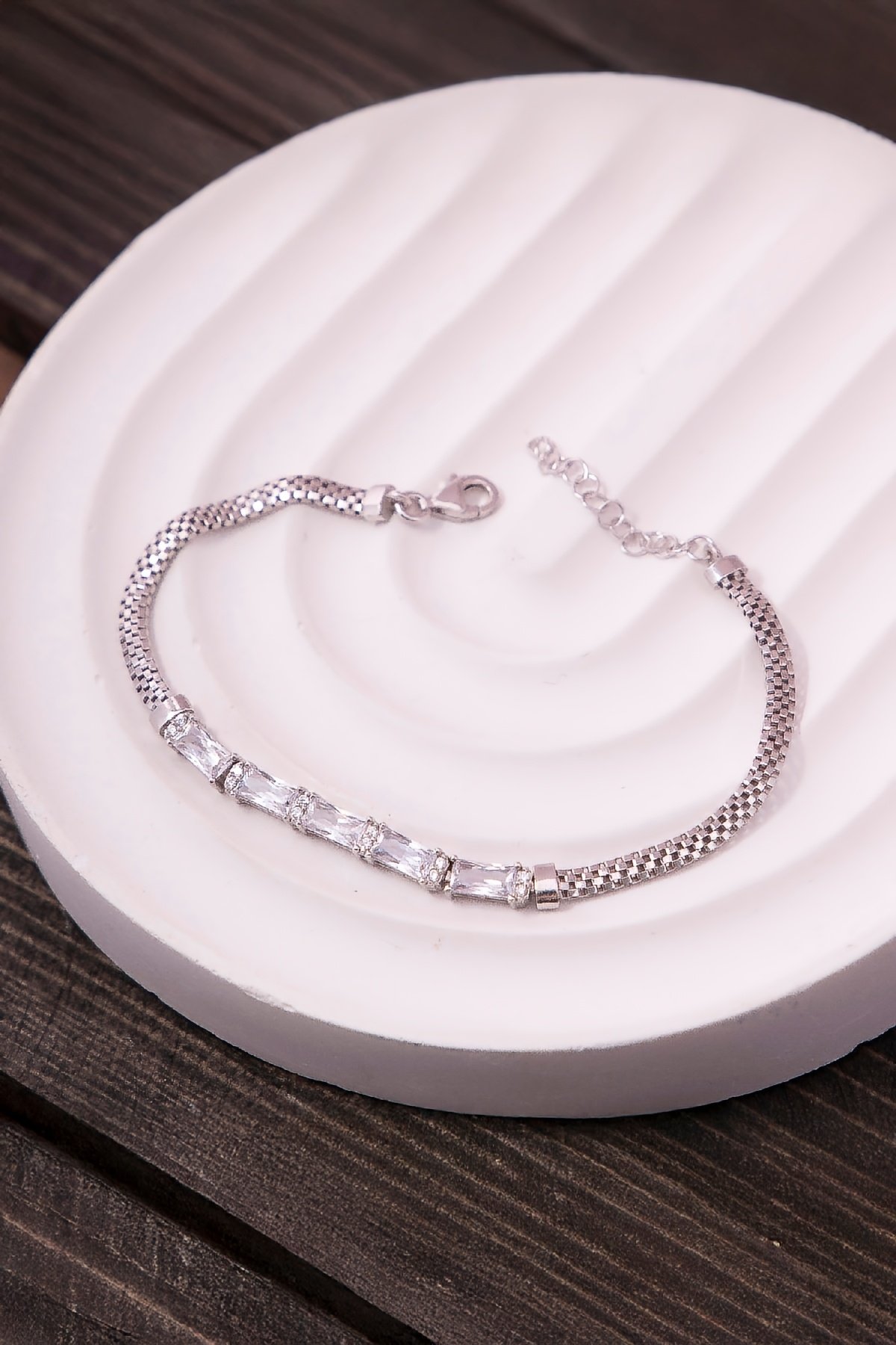 925 Ayar Gümüş Full Baget Taşlı Rodyumlu Küp Zincir Bayan Bileklik