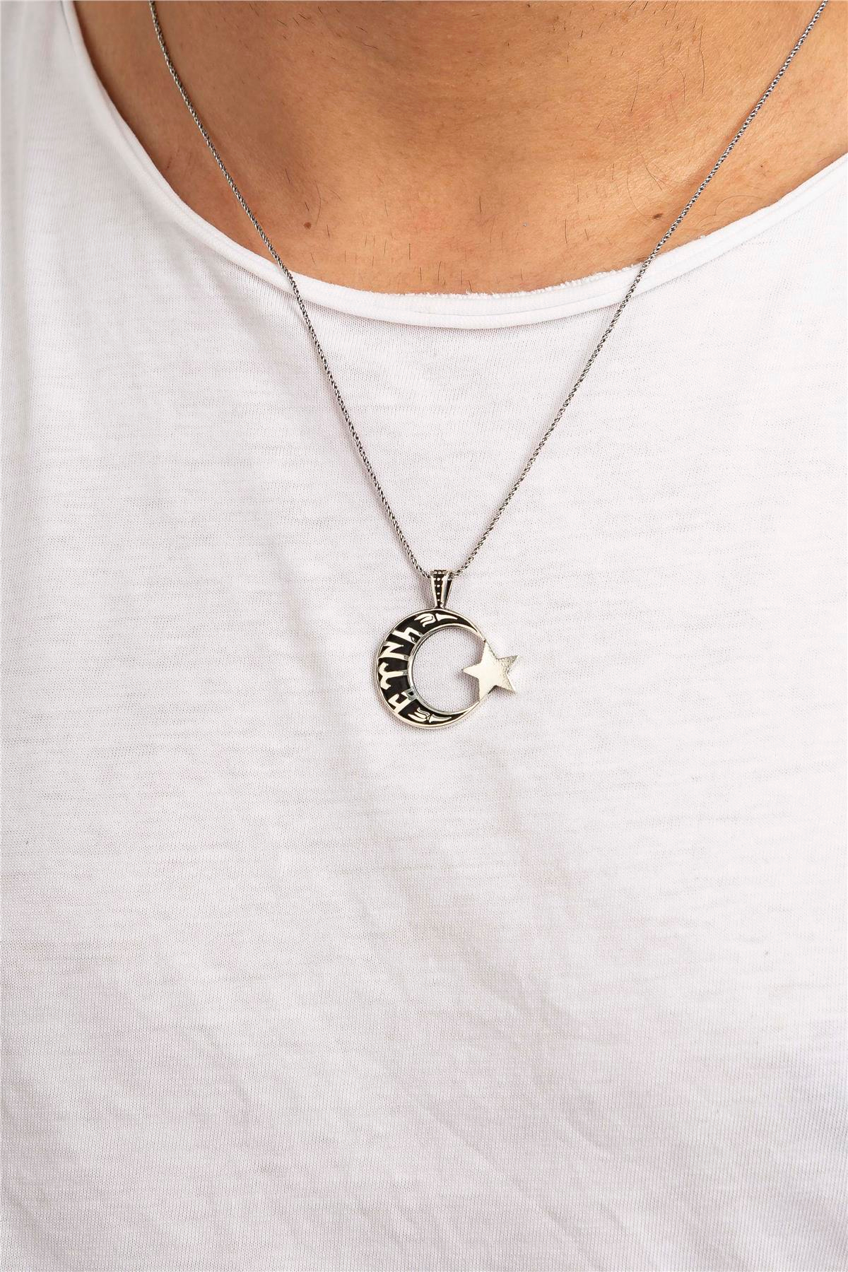 925 Ayar Gümüş Göktürkçe Yazılı Ayyıldız Erkek Kolye