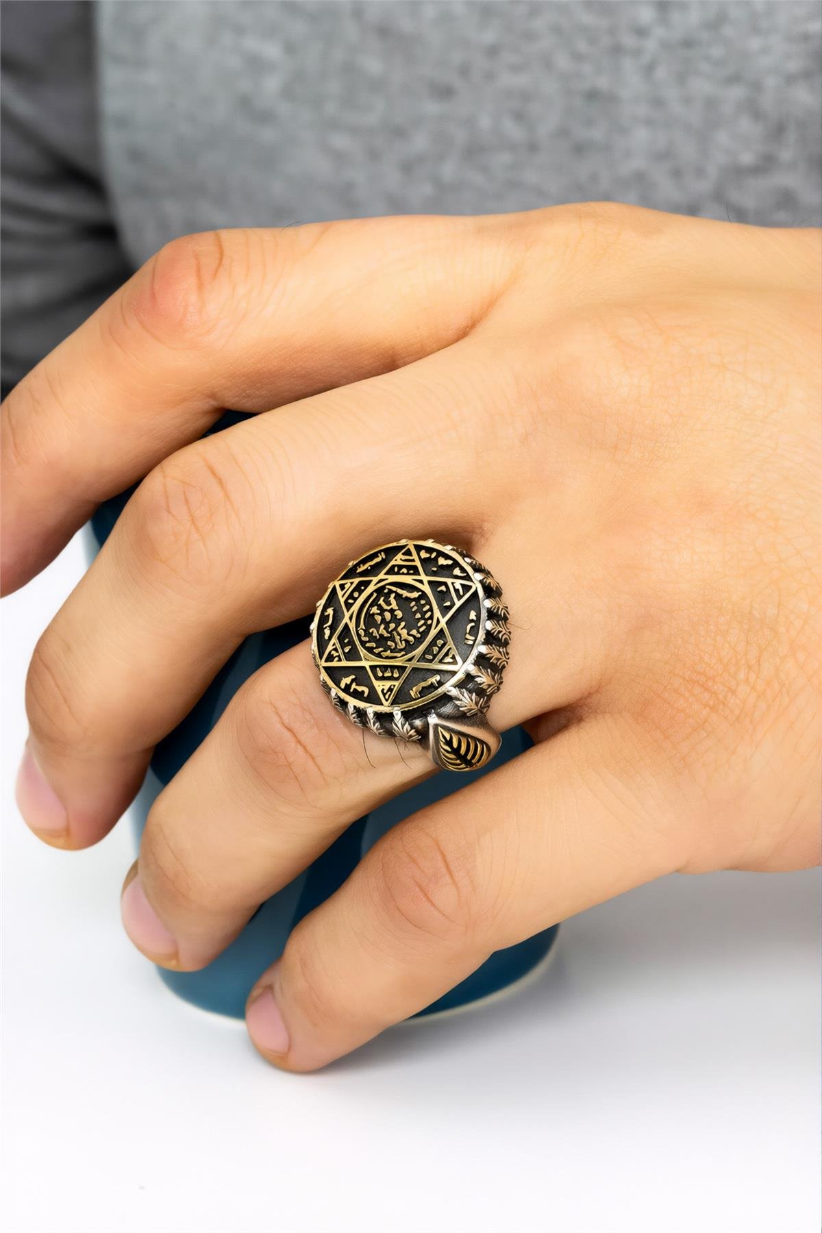 925 Ayar Gümüş Hz. Süleyman Mührü Motifli Erkek Yüzük