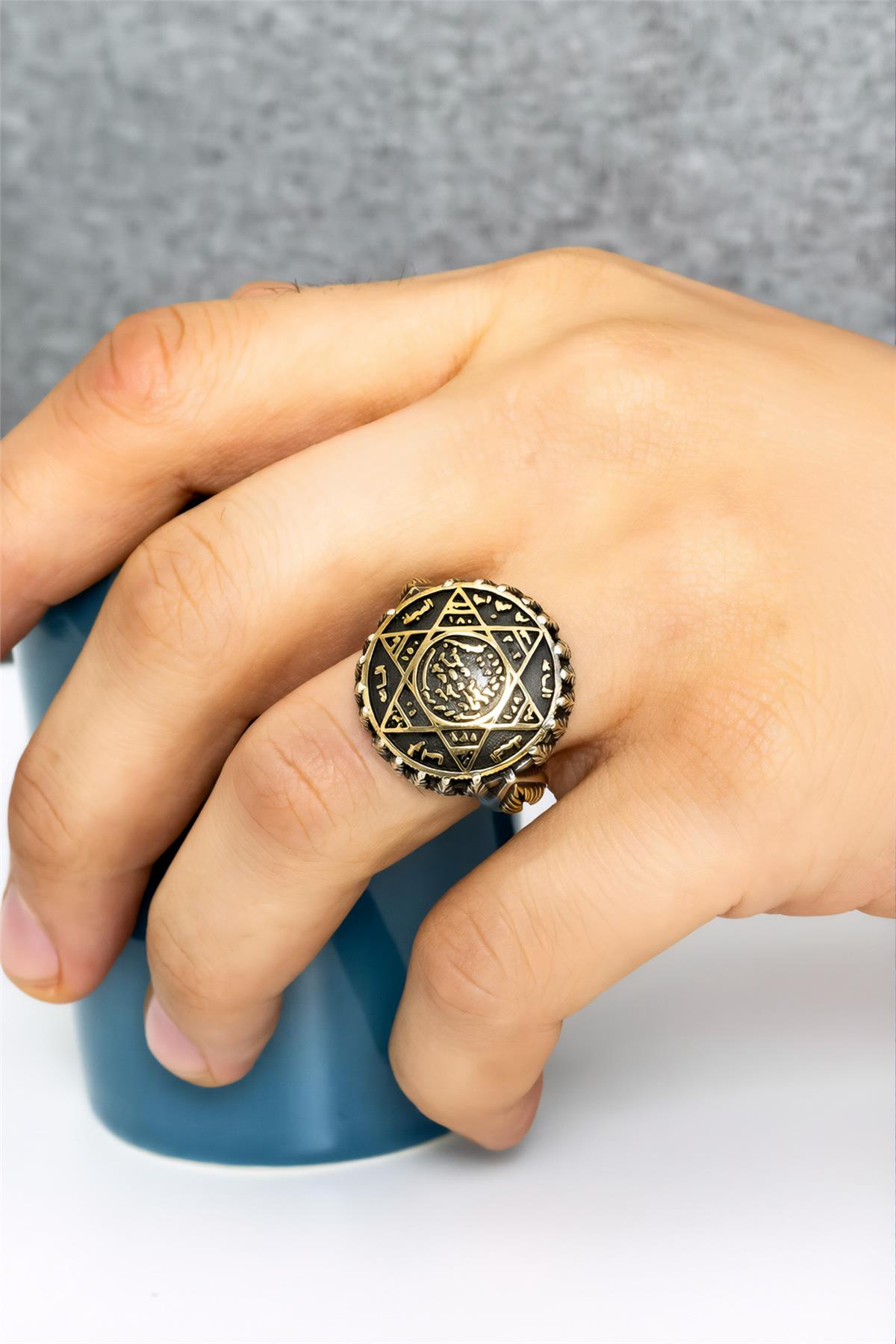 925 Ayar Gümüş Hz. Süleyman Mührü Motifli Erkek Yüzük