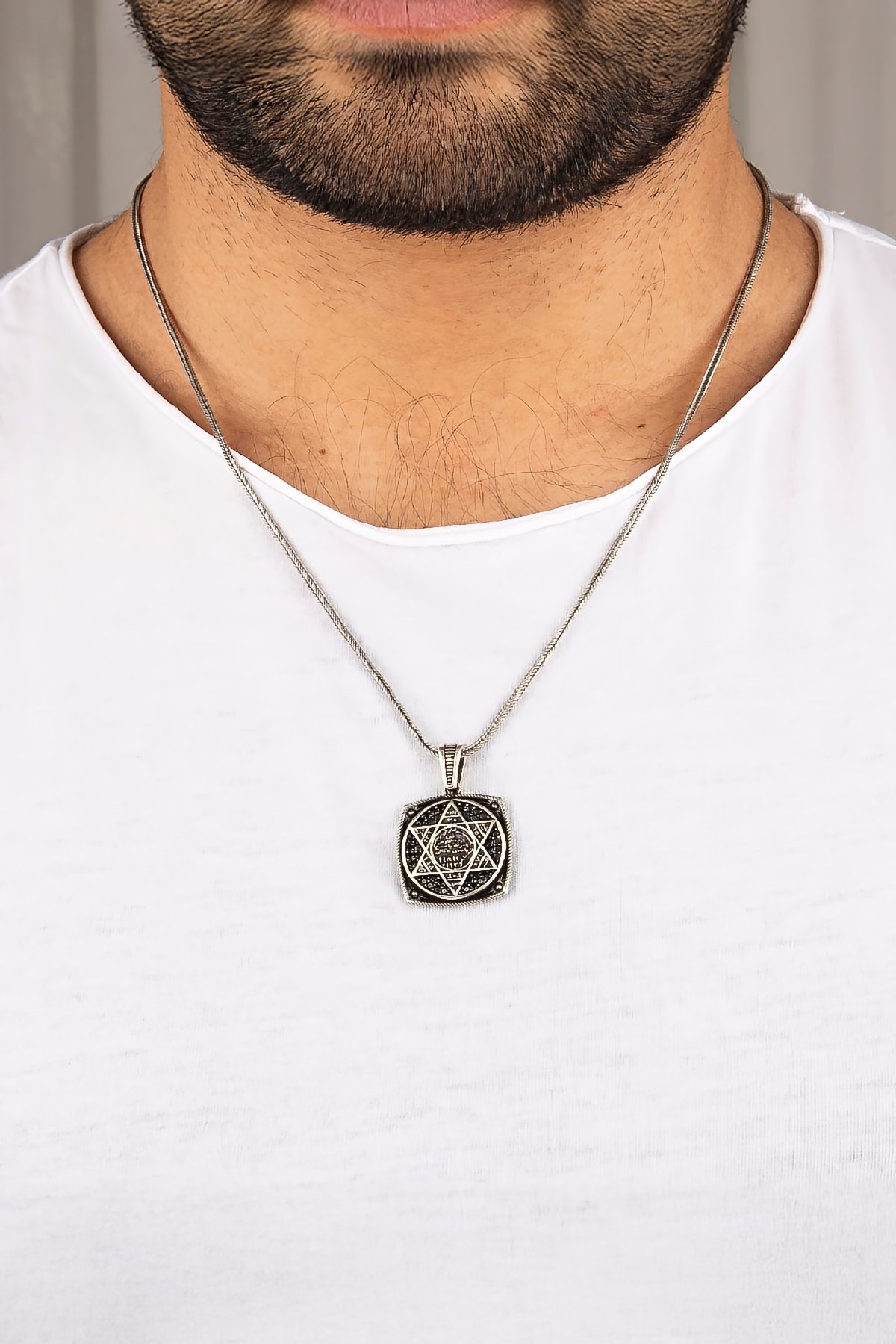 925 Ayar Gümüş Hz. Süleyman Mührü Kare Erkek Kolye